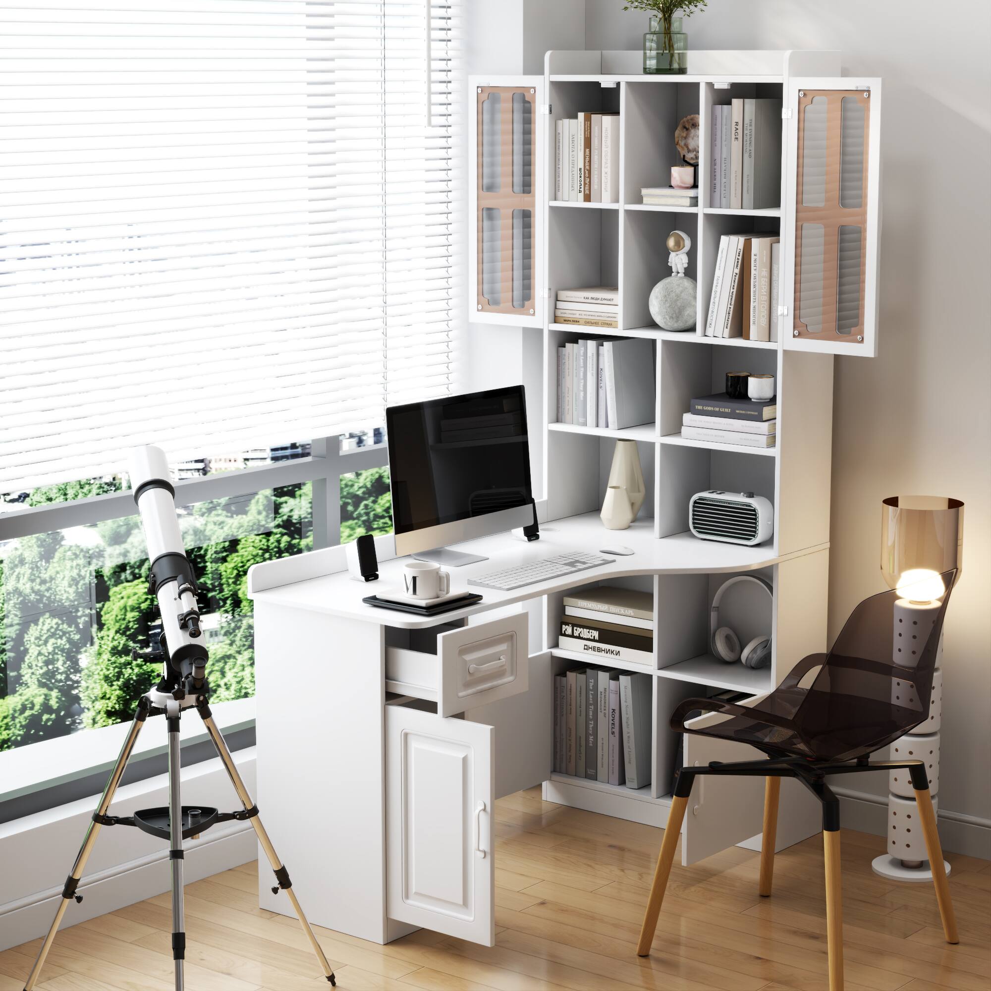 Angle. TinyHomie - L-Shaped Corner Computer Desk for Home Office or Study desk Study with Drawers Bookshelf and Hutch 2-in-1 Working Space - White.