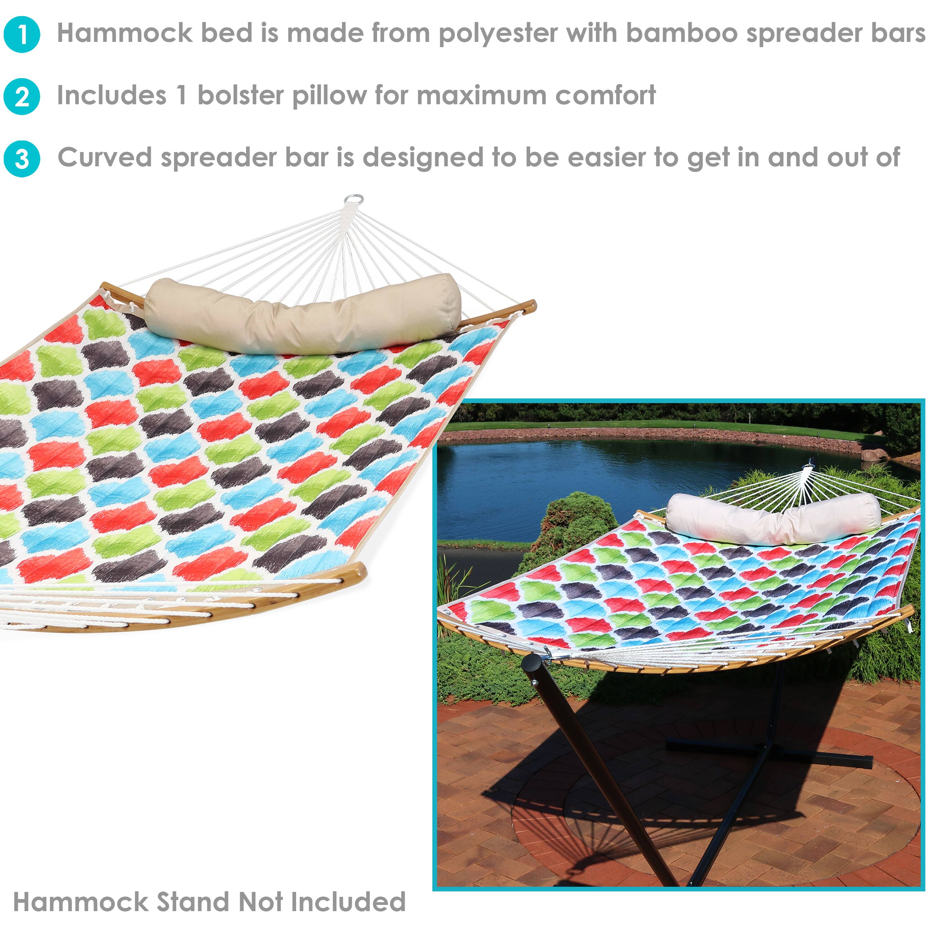 1. Hammock bed is made from polyester with bamboo spreader bars.
2. Includes 1 bolster pillow for maximum comfort.
3. Curved spreader bar is designed to be easier to get in and out of.

Hammock Stand Not Included
