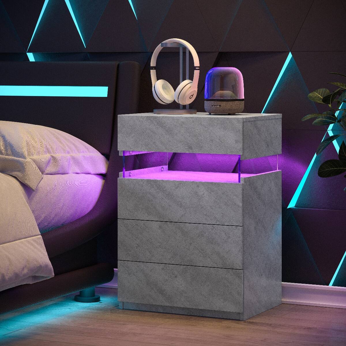 Left. Loheer - Loheer Grey LED Nightstand, Bedside Table with 4 Drawers, Modern Bedroom Cabinet - Grey.