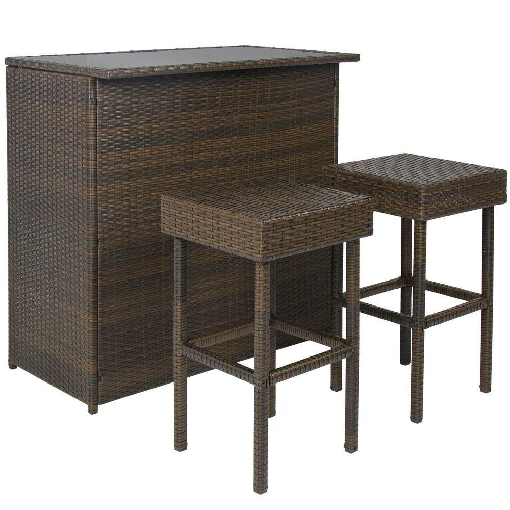 Front. Hivvago - Outdoor 3-Piece PE Wicker Bar Set with Table and Stools - Brown.