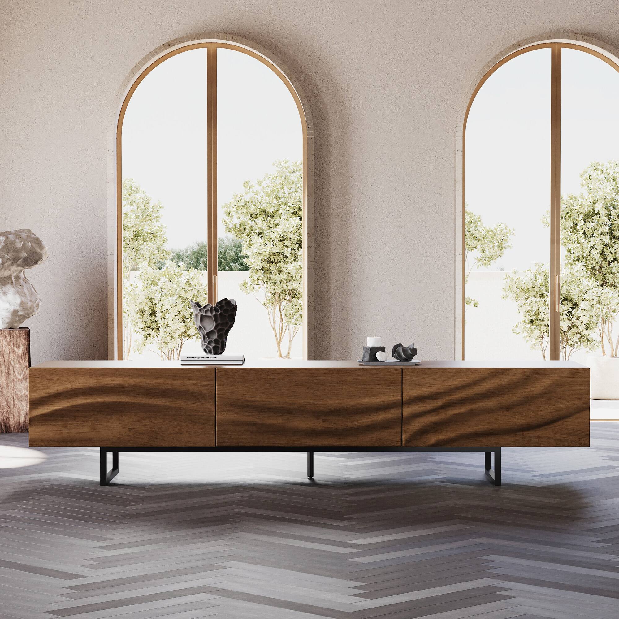 Angle. luck idea - Mid-Century Modern TV Stand - 82.83” Wide with Metal Legs, 3 Drawers & Vent Holes - Walnut Color.