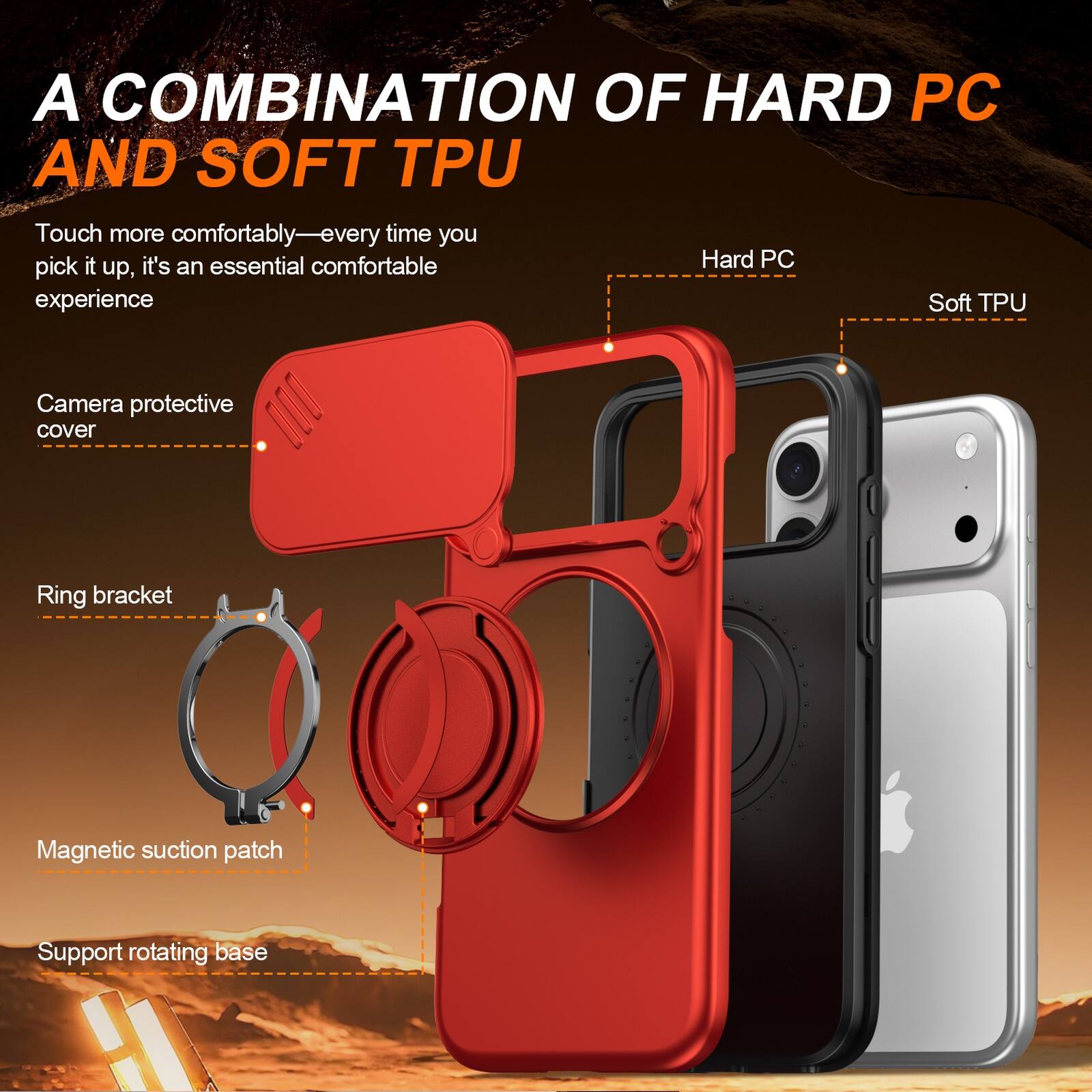 A COMBINATION OF HARD PC AND SOFT TPU

Touch more comfortably—every time you pick it up, it's an essential comfortable experience

Camera protective cover
Ring bracket
Magnetic suction patch
Support rotating base

Hard PC
Soft TPU