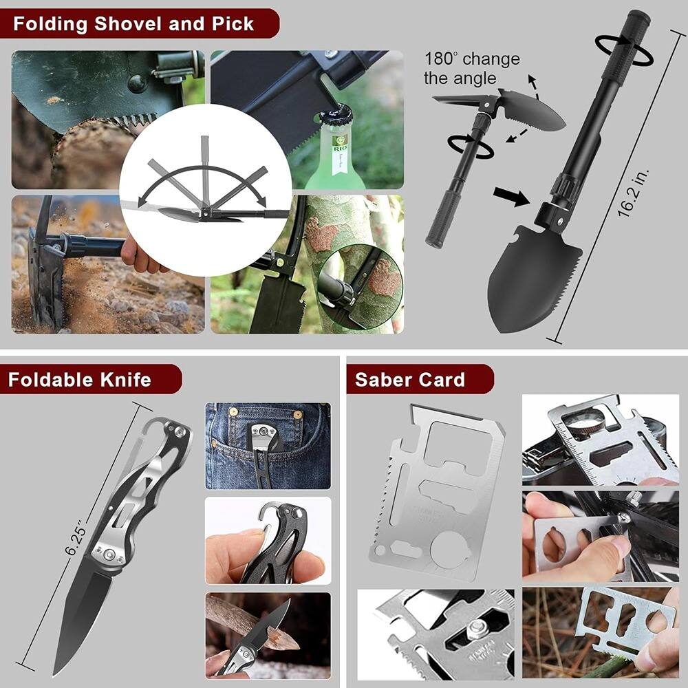 Folding Shovel and Pick  
180° change the angle  
16.2 in.  

Foldable Knife  
6.25"  

Saber Card