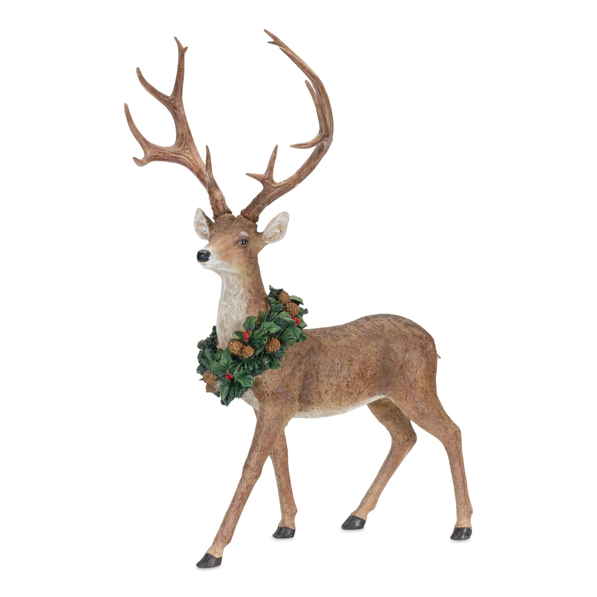 Back. BreeBe - Holiday Standing Deer Figurine with Wreath Accent (Set of 2) - Green, Brown.