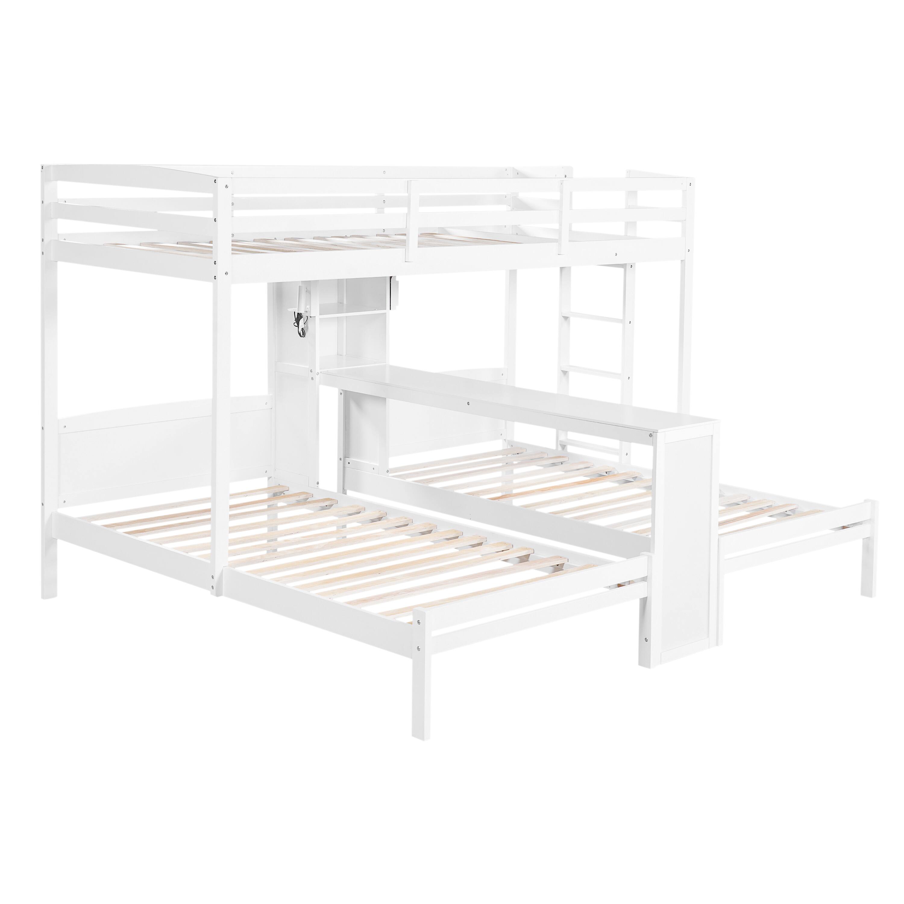 Angle. Whisen - Twin over Twin over Twin Bunk Bed with Built-in Desk, Storage Shelves and LED Reading Lamp - White.