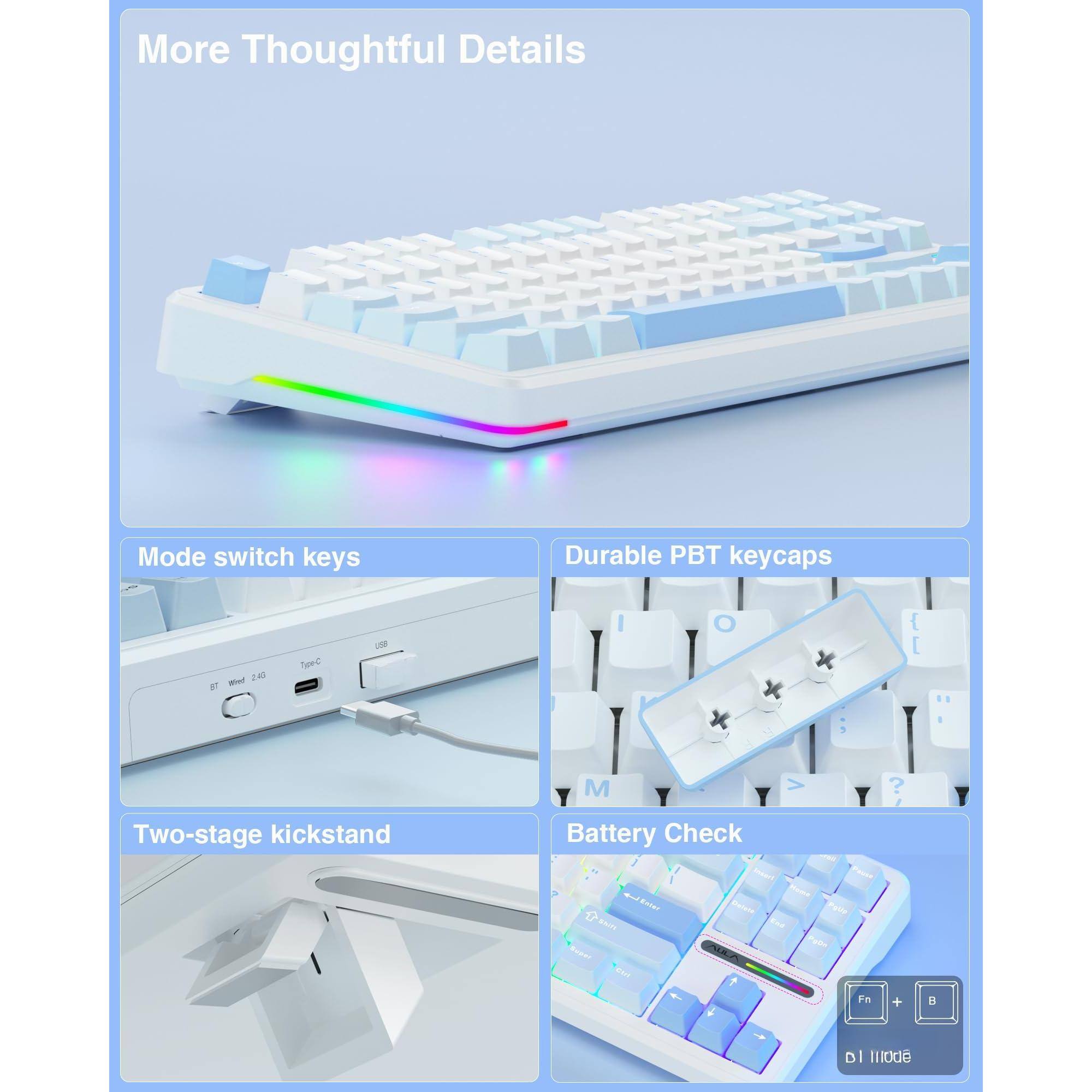 More Thoughtful Details

- Mode switch keys
- Durable PBT keycaps
- Two-stage kickstand
- Battery Check