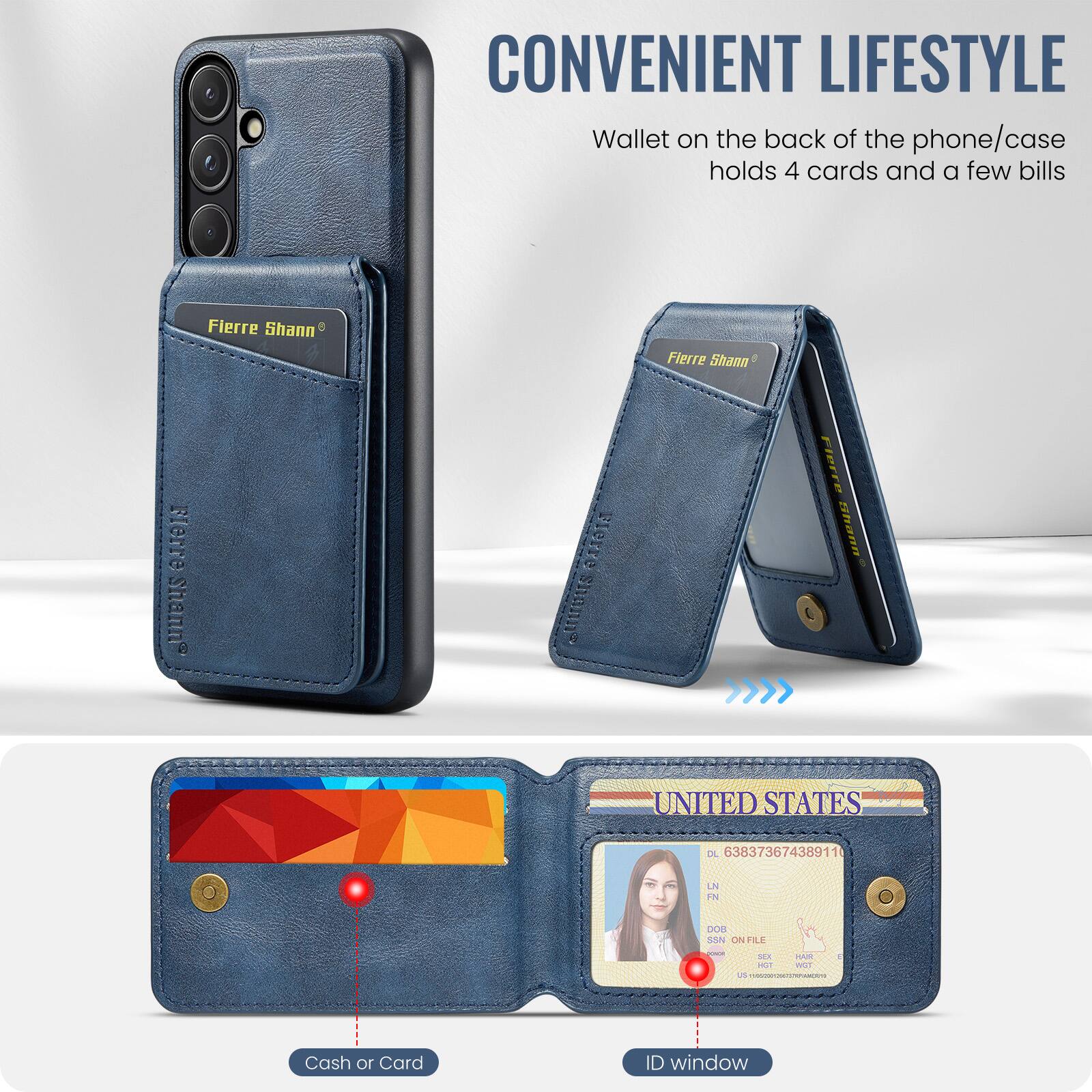 CONVENIENT LIFESTYLE

Wallet on the back of the phone/case holds 4 cards and a few bills

Fierre Shann

Cash or Card

ID window

UNITED STATES

DL 63837367438911

LN SOO

SN CN

THLE

- . muT - wUs