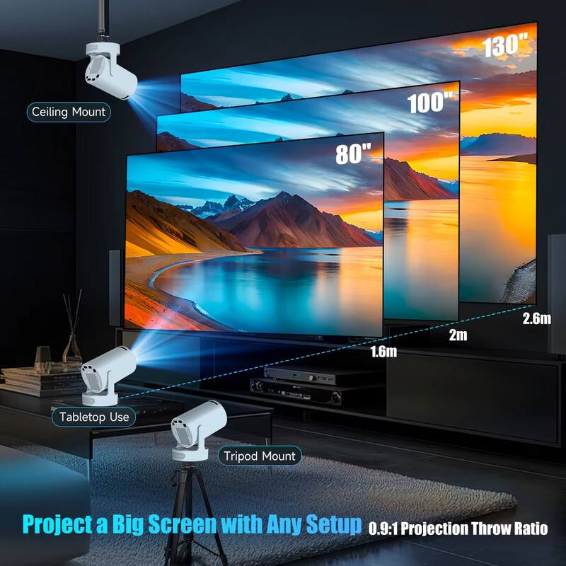 130" Ceiling Mount  
100"  
80"  
1.6m  
2m  
2.6m  
Tabletop Use  
Tripod Mount  
Project a Big Screen with Any Setup  
0.9:1 Projection Throw Ratio