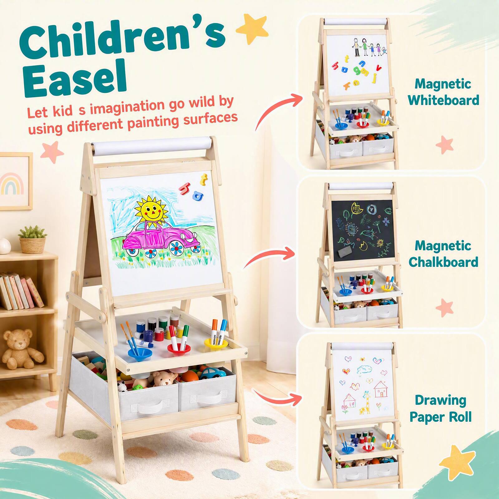 Costway Easel for Kid, Double sided Kids Easel with Magnetic Whiteboard ...