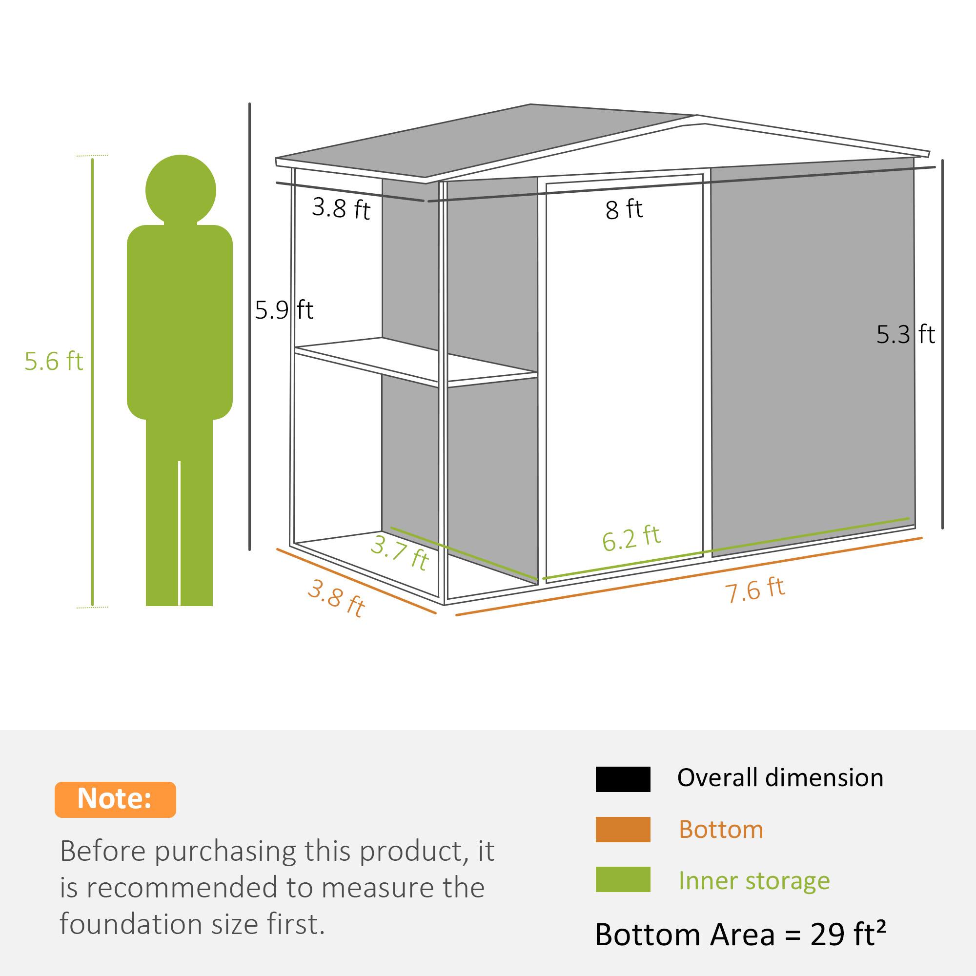 3.8 ft, 8 ft, 5.6 ft, 5.9 ft, 5.3 ft, 3.7 ft, 3.8 ft, 6.2 ft, 7.6 ft

Note: Before purchasing this product, it is recommended to measure the foundation size first.
Overall dimension
Bottom
Inner storage
Bottom Area = 29 ft²