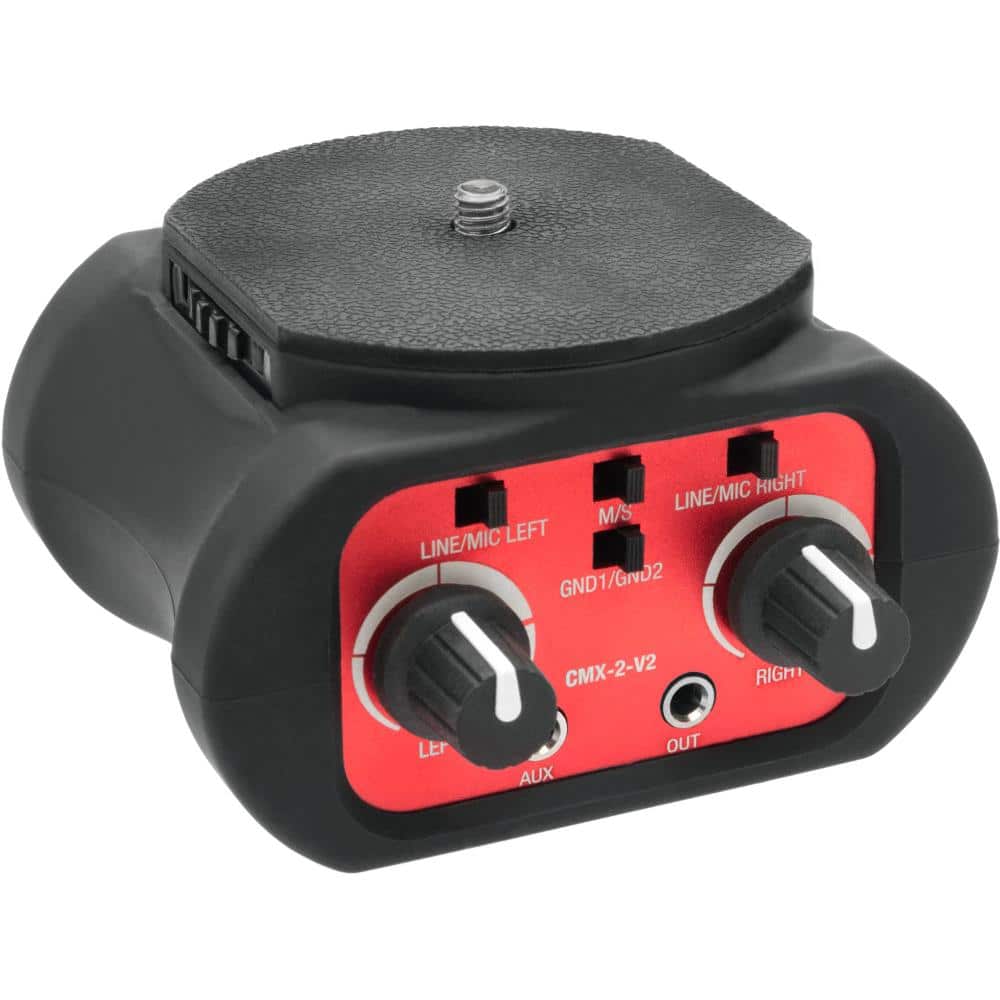 Lectronify - 2-Channel Passive DSLR XLR Audio Adapter with Dual Mic/Line Inputs, 3.5mm Aux, Stereo Output, Camera Mount/Tripod Mount - Black-Red