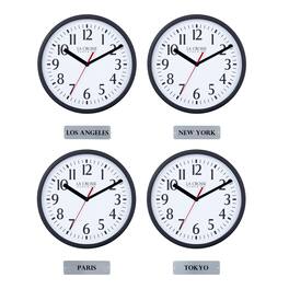 La Crosse Clock Co. - 8 Inch Basics Analog Quartz Clock with City Name Plaques, 4-Pack - Black