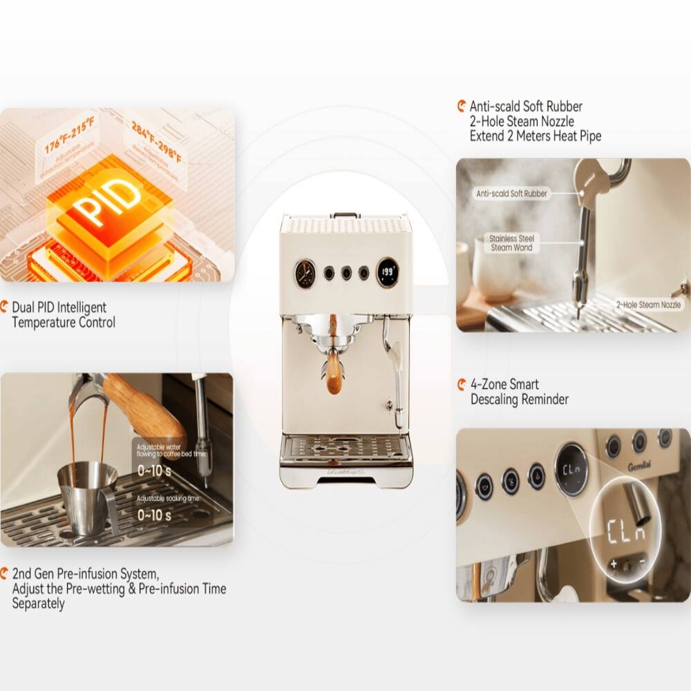 176F-215F 284F-298F PID 199 Anti-scald Soft Rubber 2-Hole Steam Nozzle Extend 2 Meters Heat Pipe Anti-scald Soft Rubber Stainless Steel Steam Wand Dual PID Intelligent Temperature Control 2-Hole Steam Nozzle 4-Zone Smart Descaling Reminder Adjustable water flowing to coffee bed - 0~10 S Adjustable soaking time 0~10 S CL Gemilal CLn C 2nd Gen Pre-infusion System, Adjust the Pre-wetting & Pre-infusion Time Separately