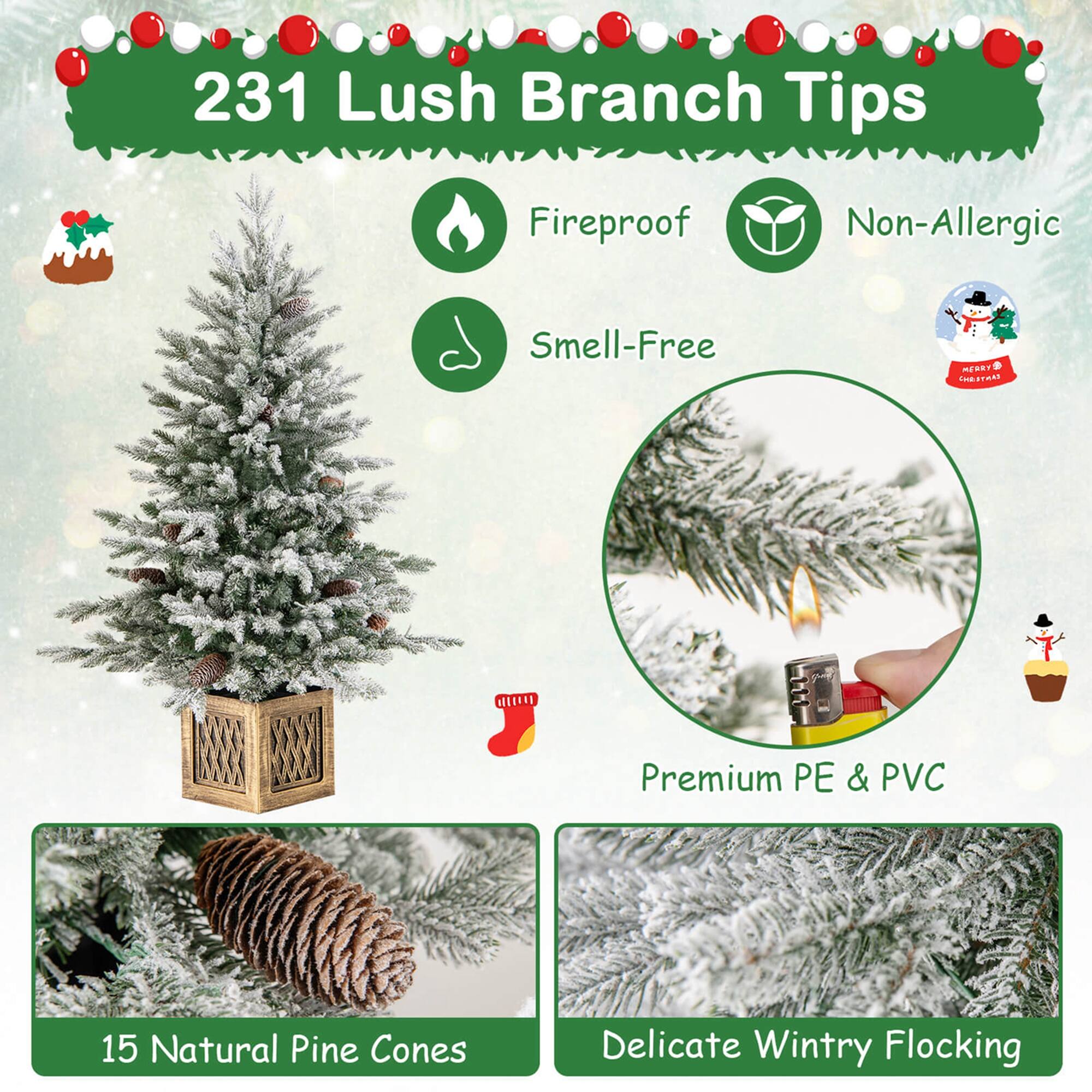 231 Lush Branch Tips

- Fireproof
- Non-Allergic
- Smell-Free
- Premium PE & PVC
- 15 Natural Pine Cones
- Delicate Wintery Flocking