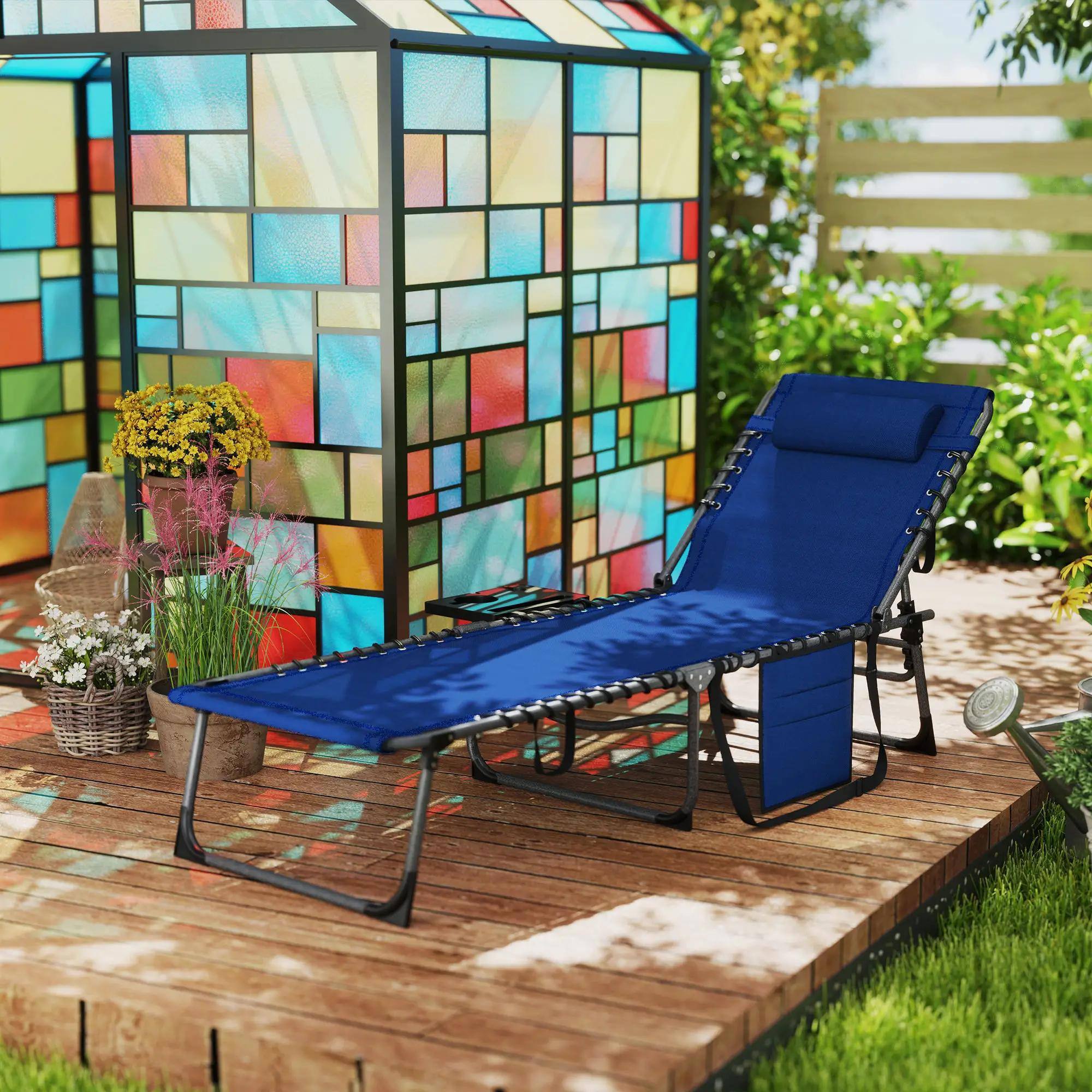 Angle. Spaco - Spaco Folding Chaise with 5-Point Adjustable,Detachable Table,Storage Pocket - Dark Blue.