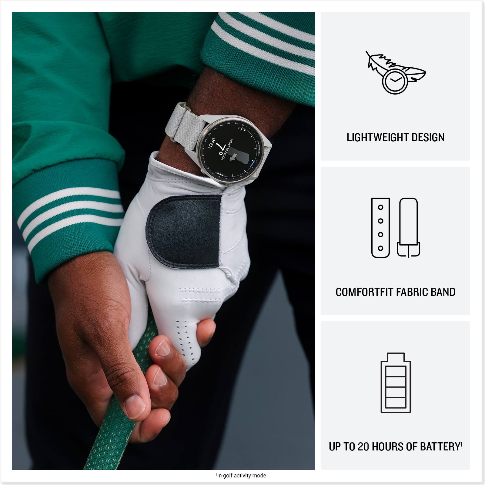 1. The OPEN WRIST ROT o PAON
2. LIGHTWEIGHT DESIGN
3. COMFORTFIT FABRIC BAND
4. UP TO 20 HOURS OF BATTERY* in golf activity mode