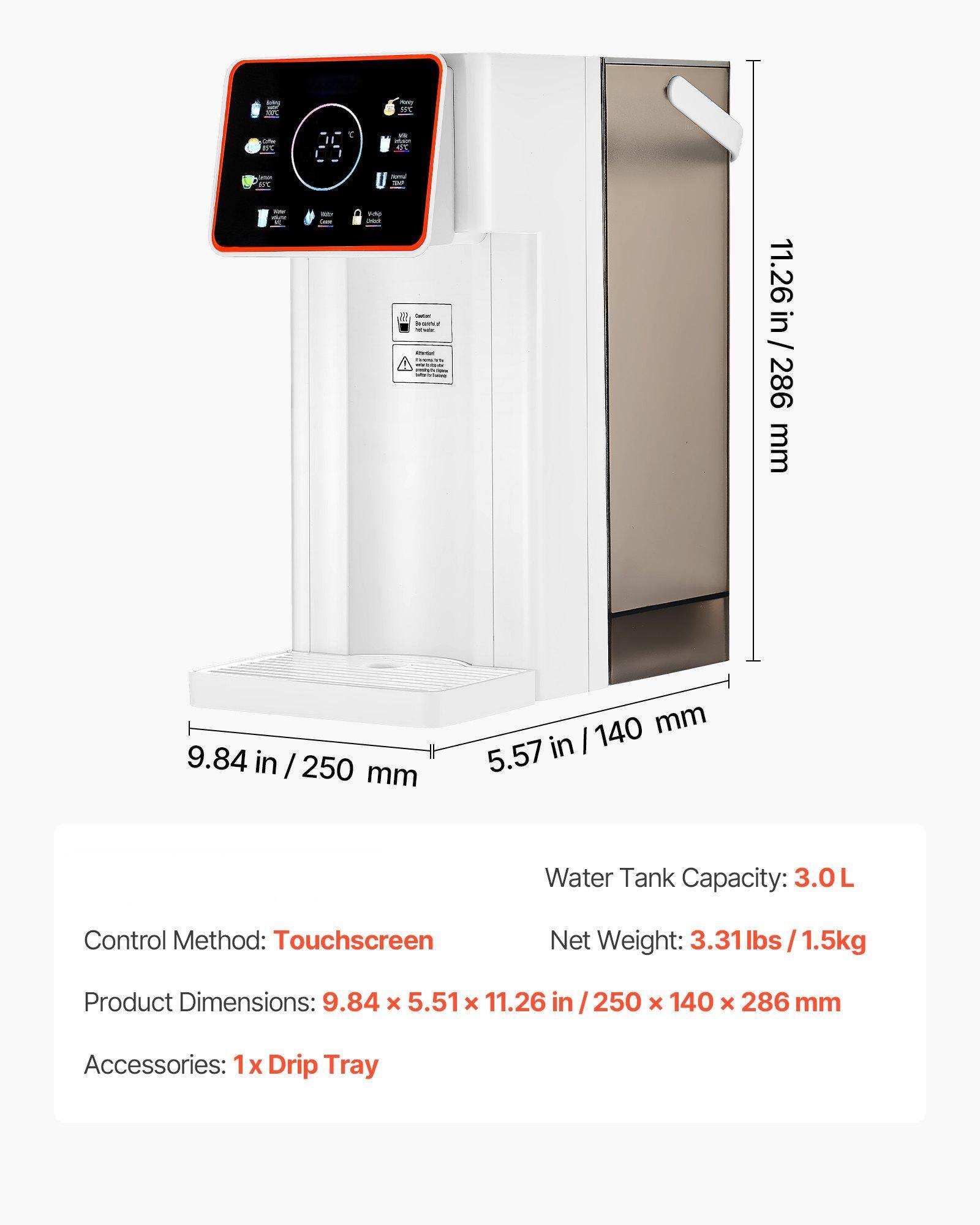 - Control Method: Touchscreen
- Water Tank Capacity: 3.0L
- Net Weight: 3.31 lbs / 1.5kg
- Product Dimensions: 9.84 x 5.51 x 11.26 in / 250 x 140 x 286 mm
- Accessories: 1x Drip Tray