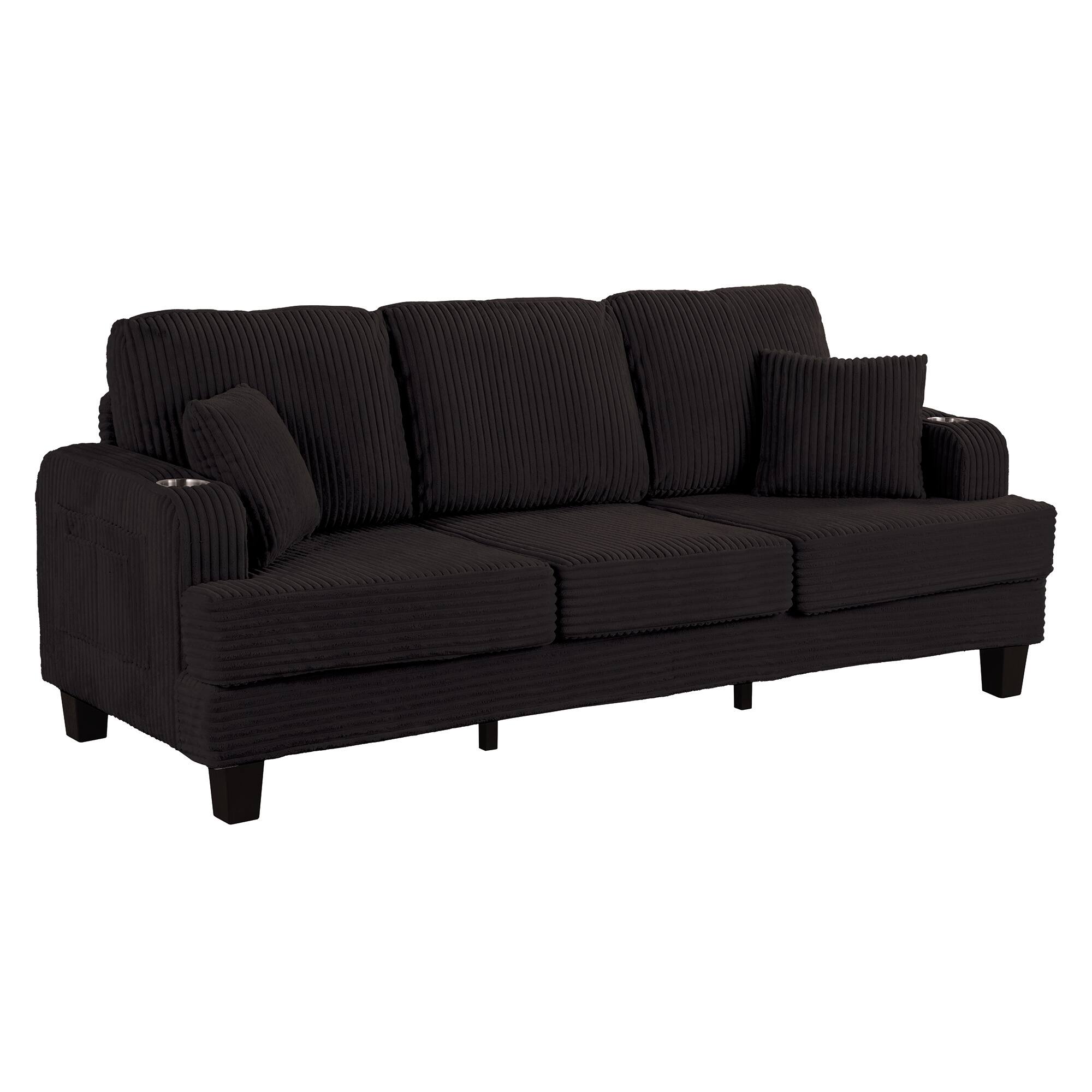 Alt View 2. Vaczon - 84" Upholstered Sofa with USB Charging Ports, Dual Cup Holders, and 2 Throw Pillows, 3-Seat Living Room Couch - Black.