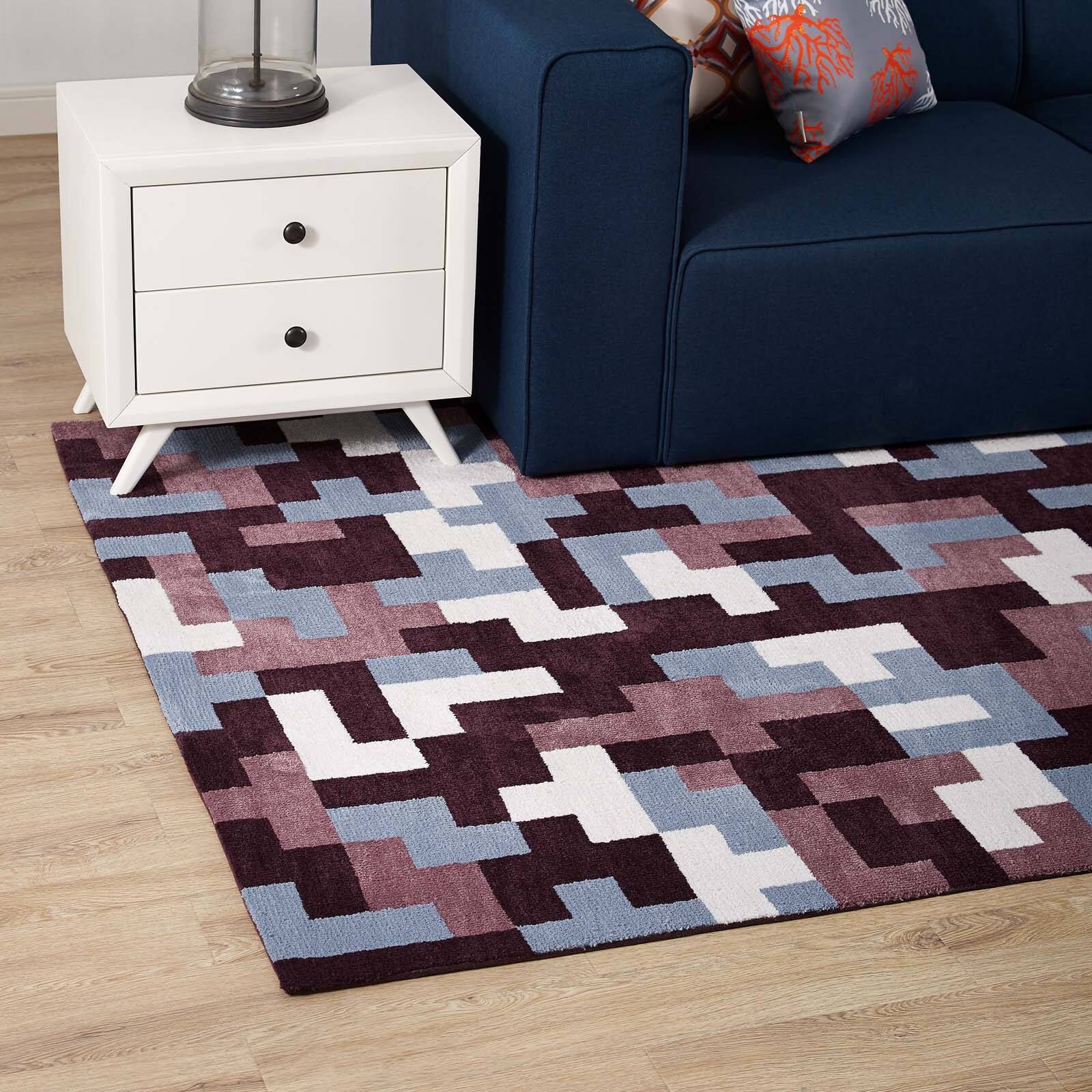 Left. Modway - Andela Interlocking Block Mosaic Area Rug - Multicolored Red and Light Blue.
