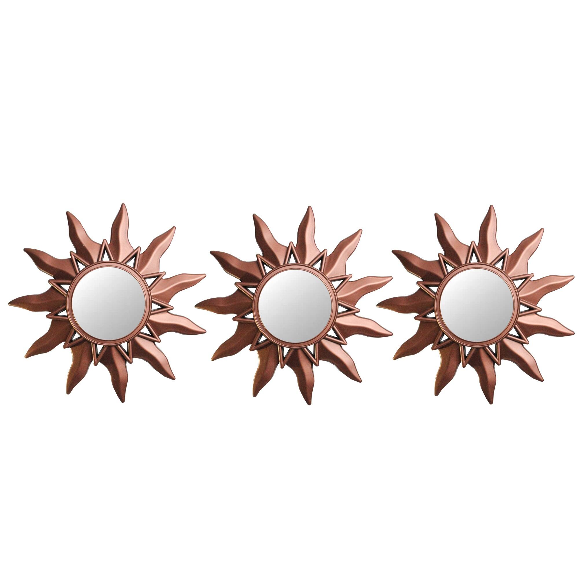 Front. Northlight - Set of 3 Mayan Sunburst Matte Copper Round Mini Mirrors 9.5" - Brown.