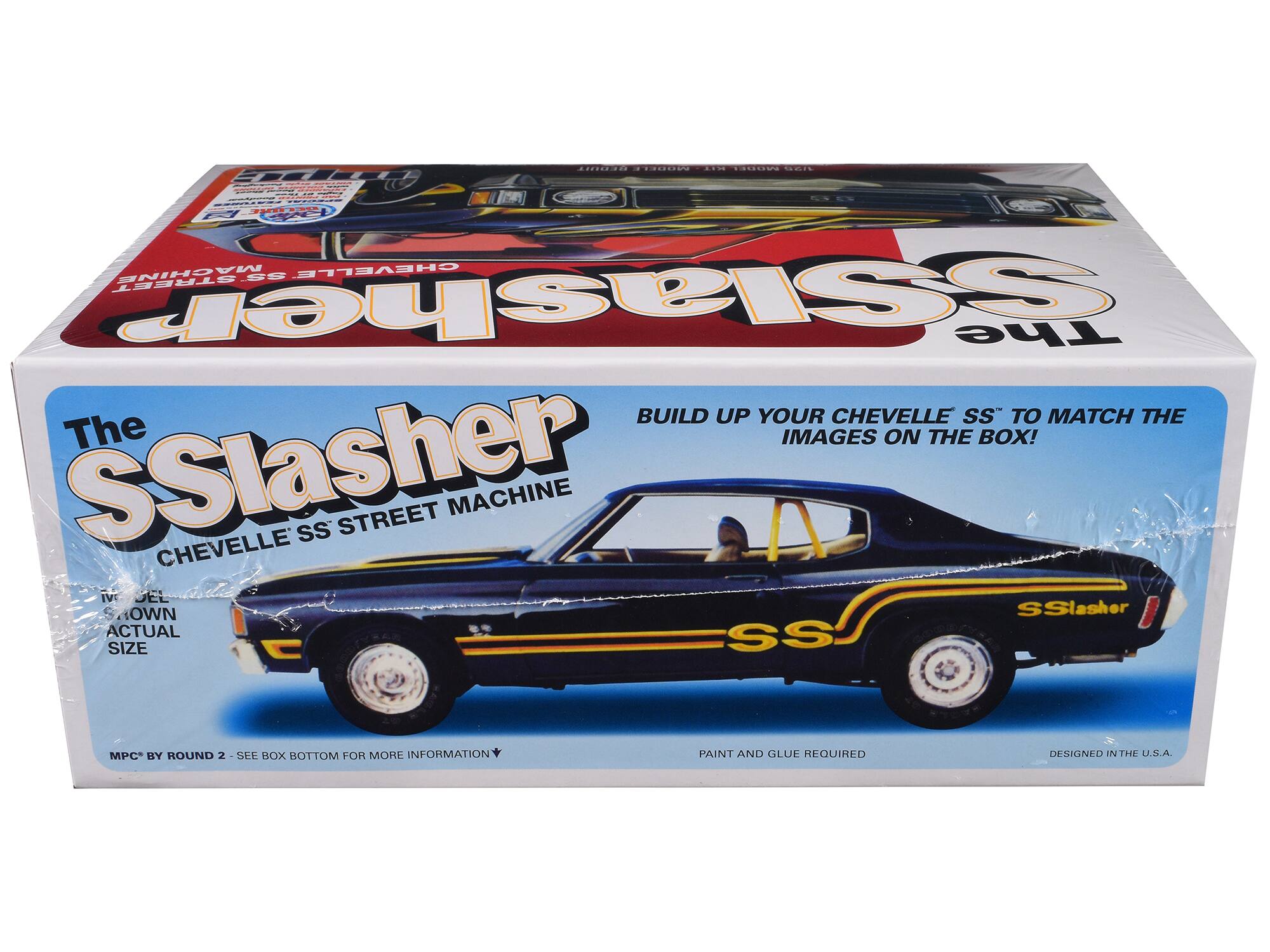 The SSslasher  
CHEVELLE SS STREET MACHINE  

BUILD UP YOUR CHEVELLE SS TO MATCH THE IMAGES ON THE BOX!  

OWN ACTUAL SS SIZE  

MPC BY ROUND 2 - SEE BOX BOTTOM FOR MORE INFORMATION  

PAINT AND GLUE REQUIRED  

DESIGNED IN THE U.S.A.