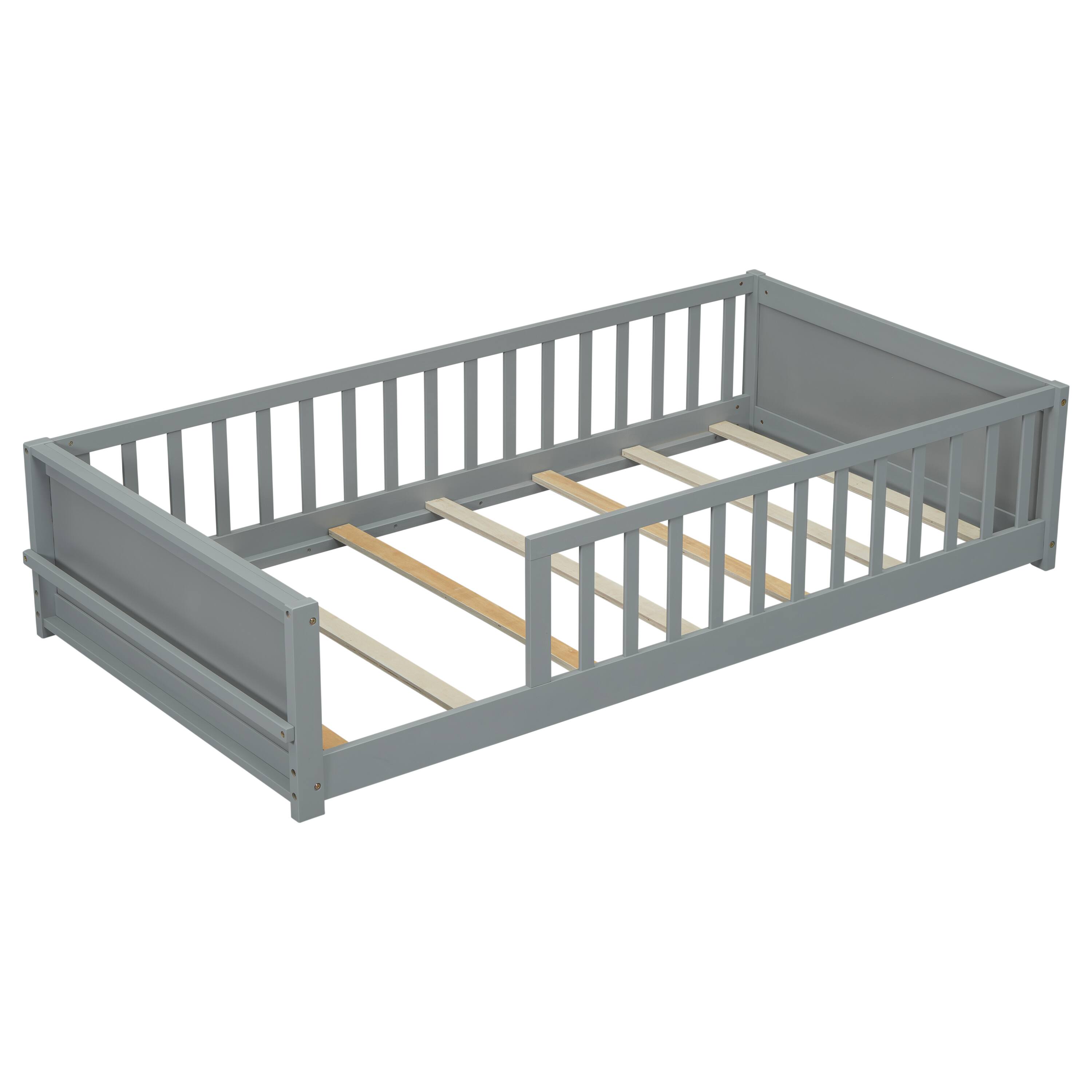 Alt View 5. Tiramisubest - Twin size Floor Platform Bed with Built-in Book Storage Rack,Grey - Grey.
