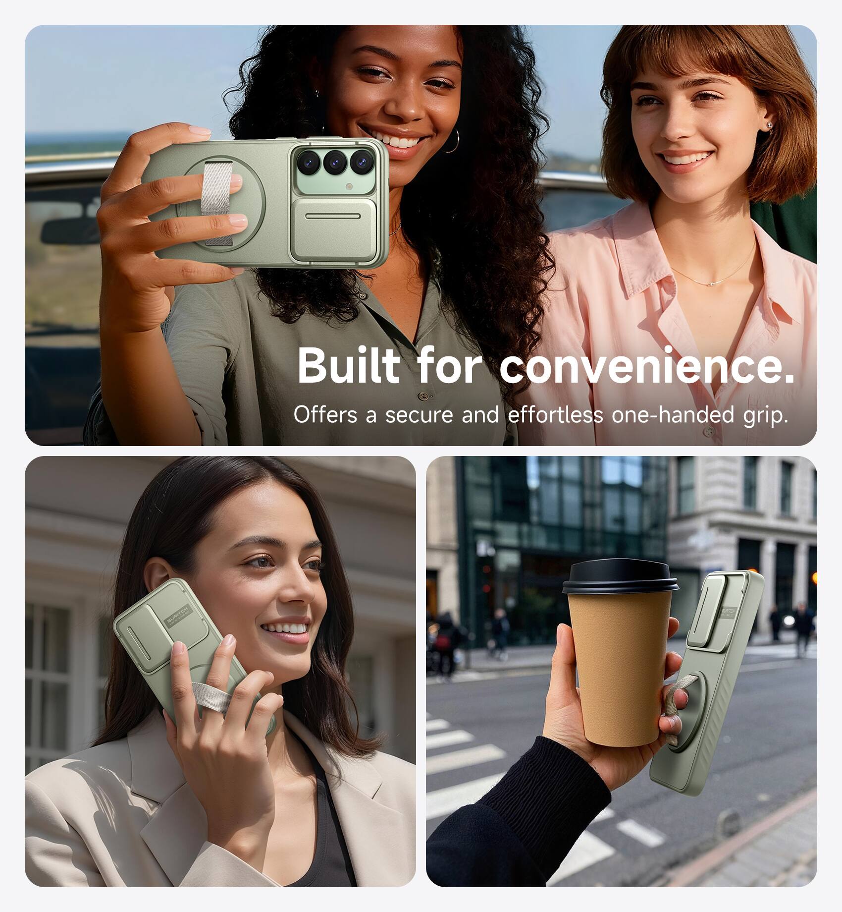 Built for convenience.  
Offers a secure and effortless one-handed grip.