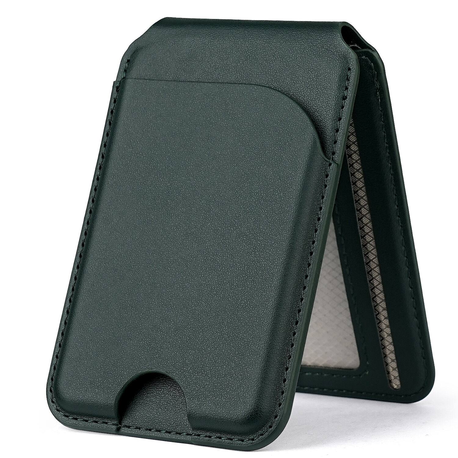 Angle. Alpha Digital - Magnetic Leather Wallet - MagSafe, Adjustable Phone Stand, Compatible w/ iPhone 12-17 - Green.