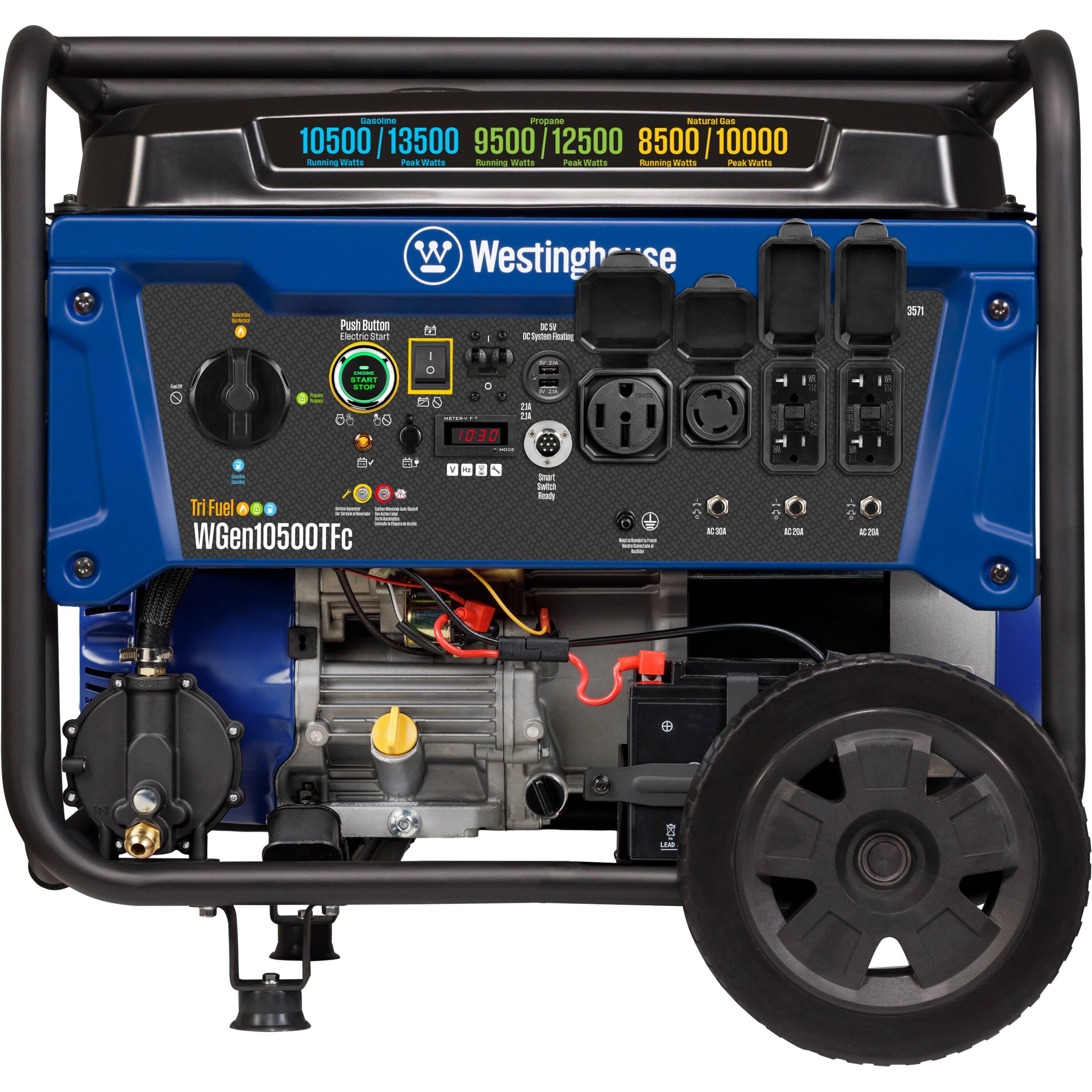 Westinghouse  
10500 / 13500  
9500 / 12500  
8500 / 10000  
Running Watts / Peak Watts  
Natural Gas  
Push Button Electric Start  
Tri Fuel  
WGen10500TEc