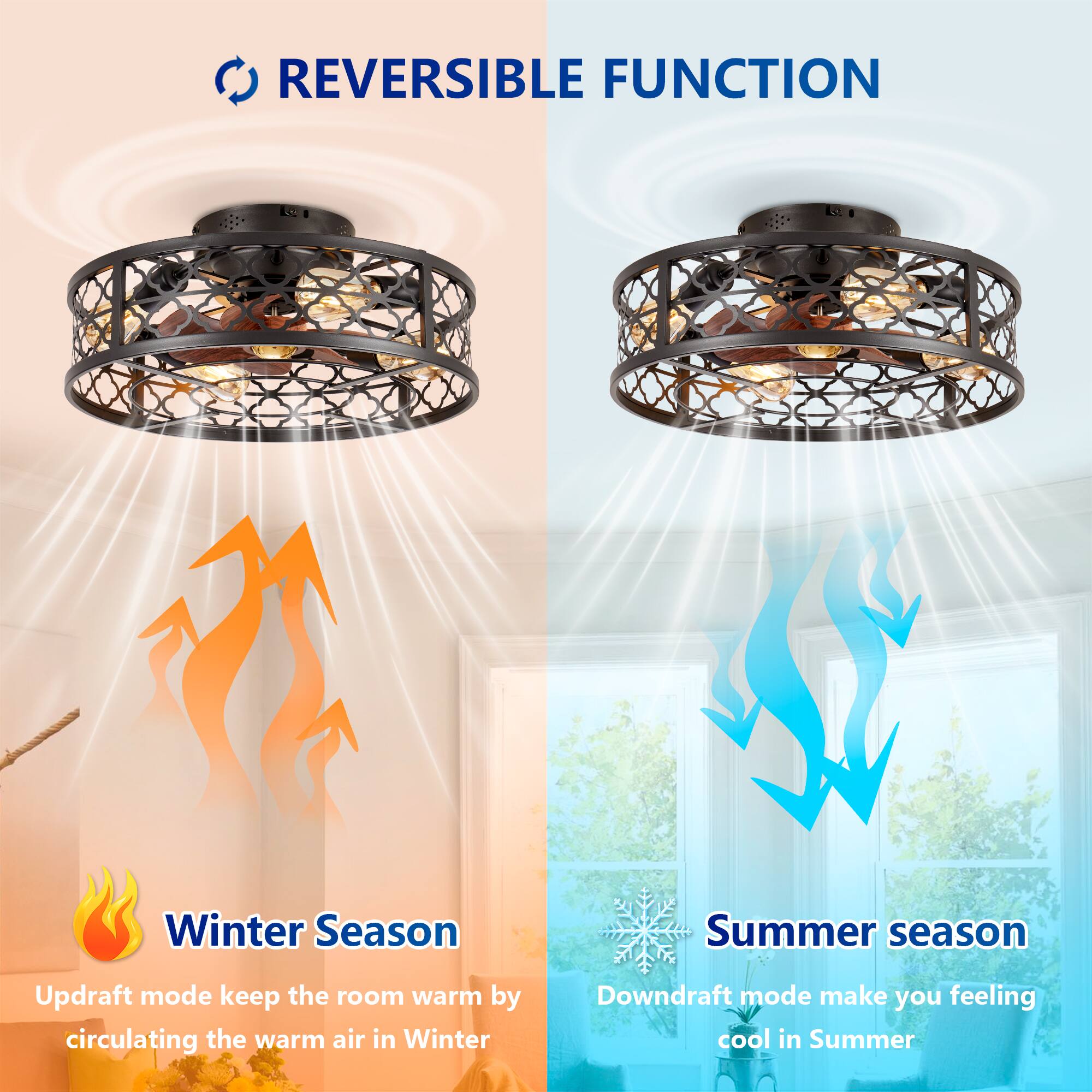 REVERSIBLE FUNCTION

Winter Season  
Updraft mode keeps the room warm by circulating the warm air in Winter

Summer Season  
Downdraft mode makes you feel cool in Summer