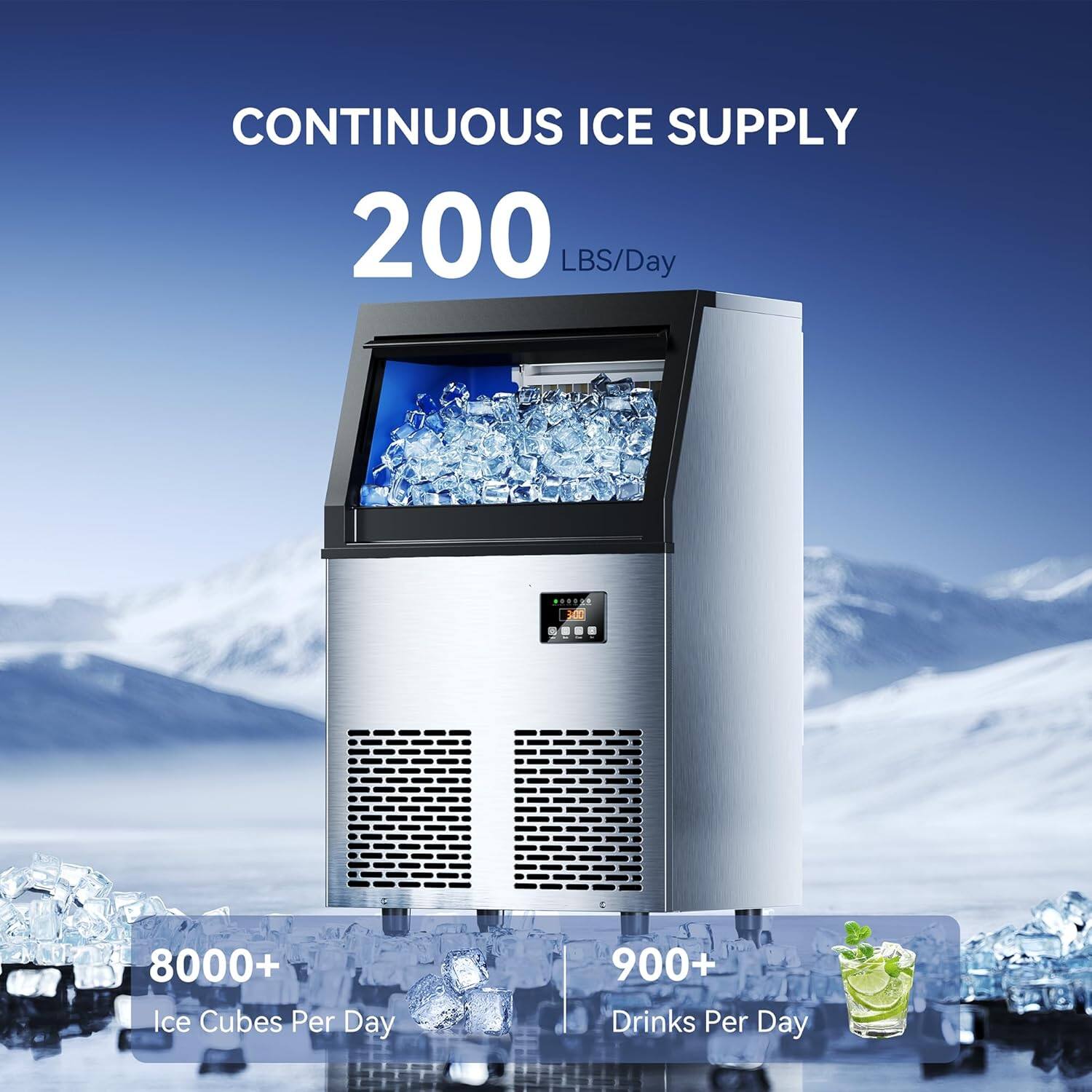 CONTINUOUS ICE SUPPLY  
200 LBS/Day  

8000+ Ice Cubes Per Day  
900+ Drinks Per Day