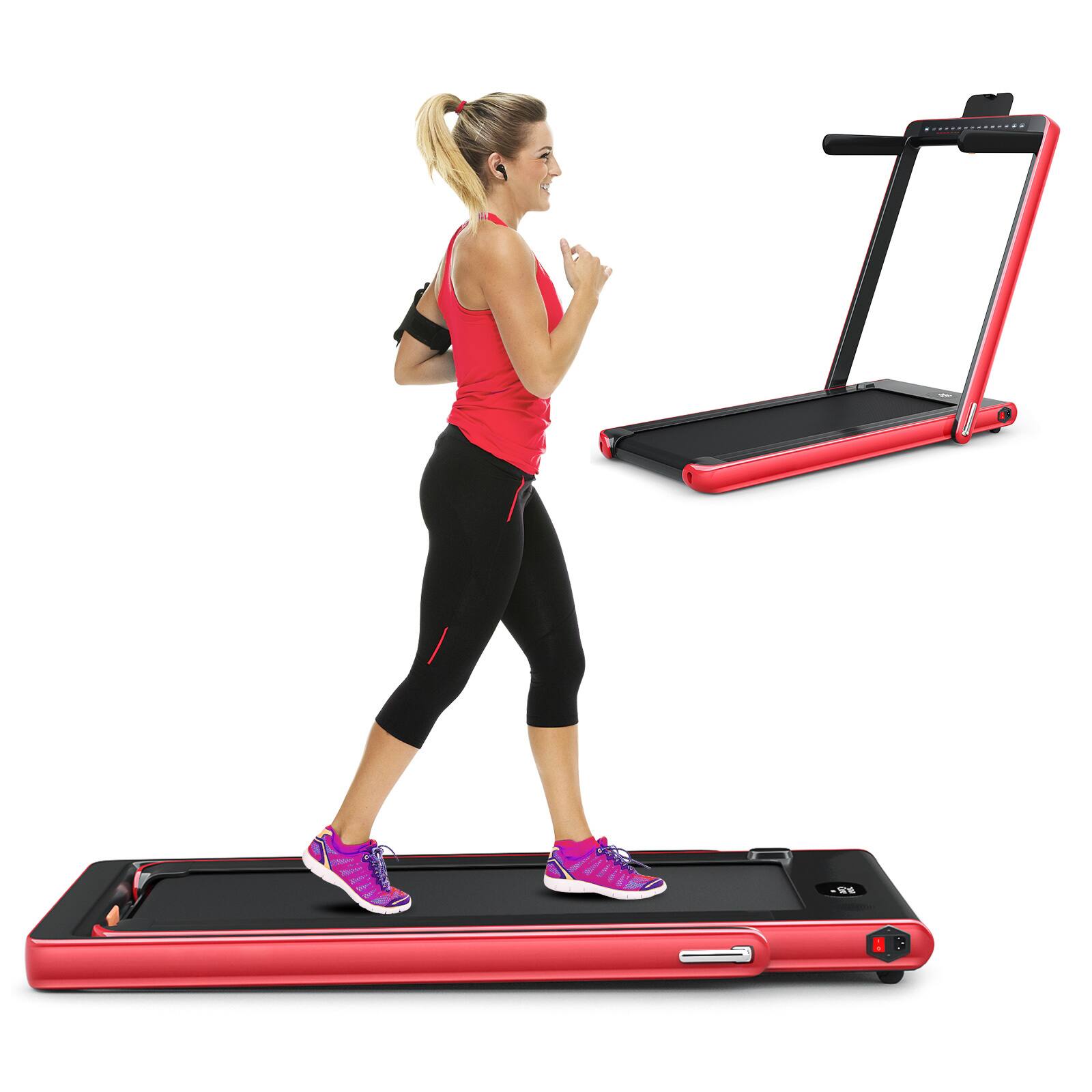 Ecooso - 2.25 HP 2-in-1 Folding Walking Pad Treadmill with Dual Display and App Control - Red
