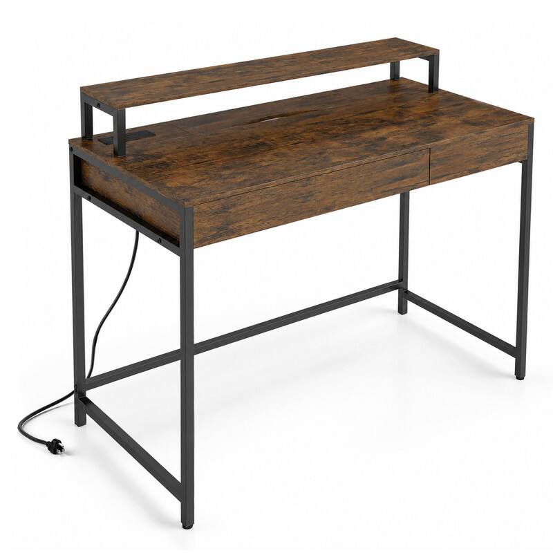 Alt View 4. WELLFOR - 37.5" Computer Desk with 2 Drawers & Charging Station,Study Writing Desk with Removable Monitor Shelf for Small Spaces - Rustic Brown.