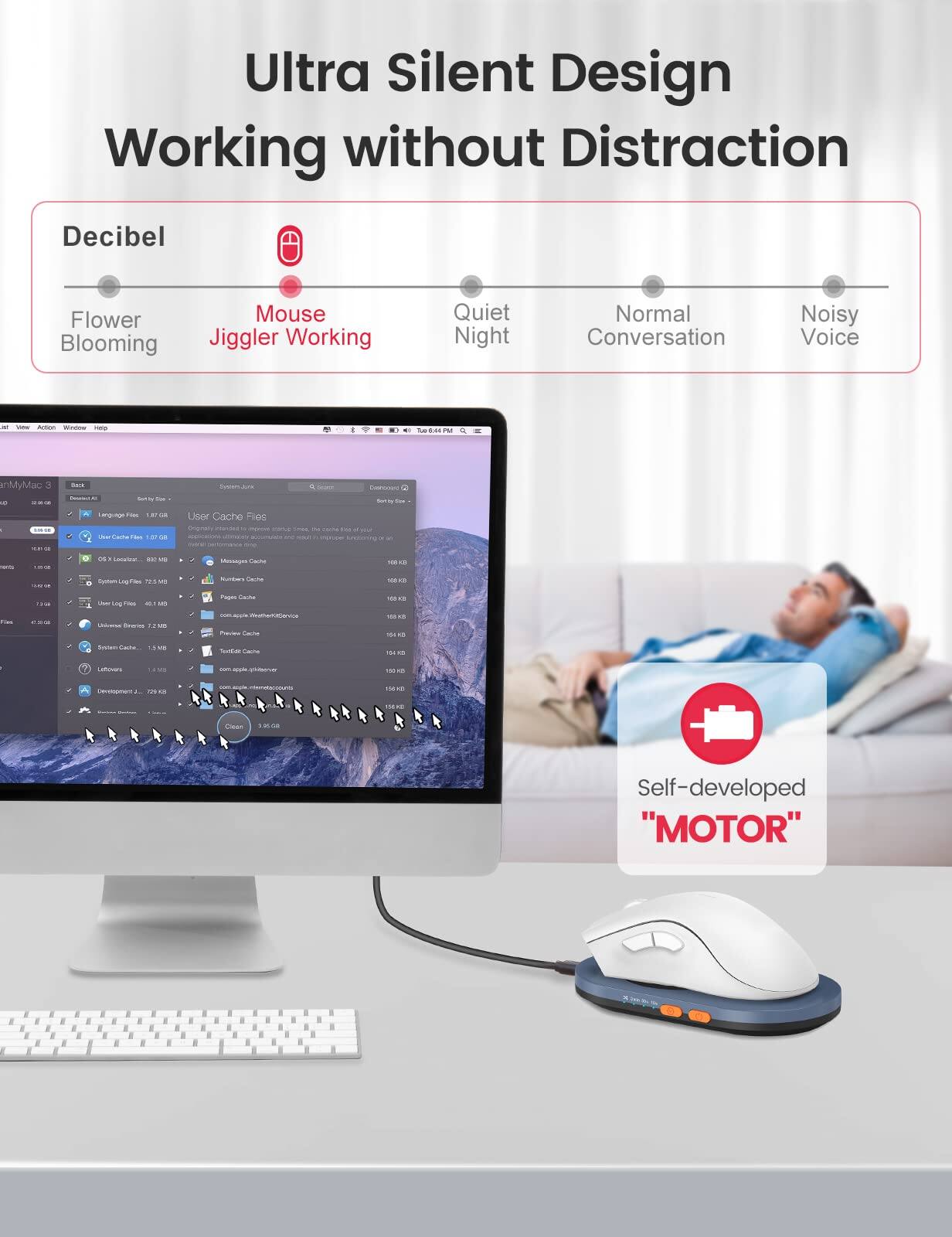 Ultra Silent Design  
Working without Distraction  

Decibel  
- Flower Blooming  
- Mouse Jiggler Working  
- Quiet Night  
- Normal Conversation  
- Noisy Voice  

Self-developed "MOTOR"