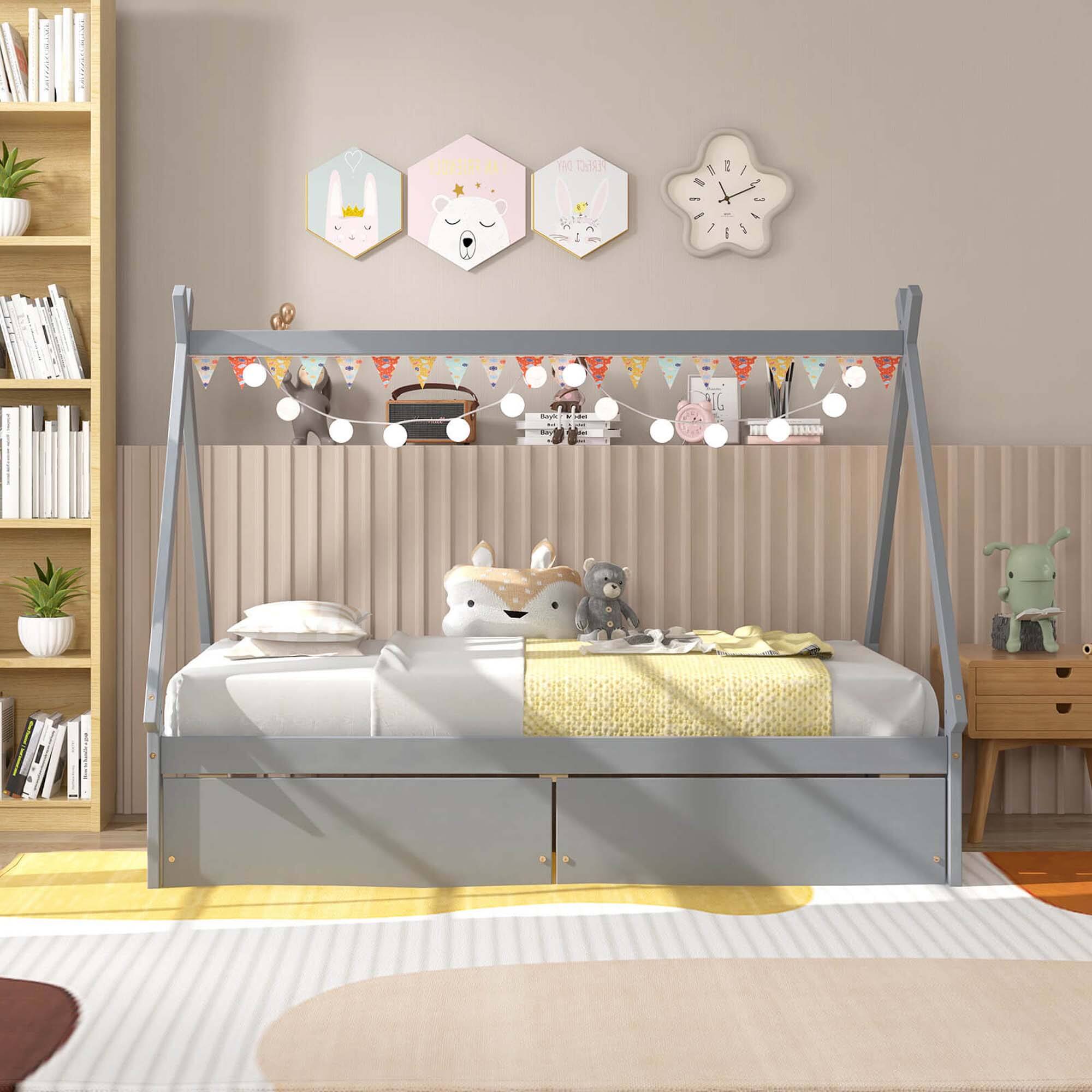Alt View 1. Costway - Twin Size Wooden House Bed with 2 Drawers Roof Storage for Boys & Girls - Gray.
