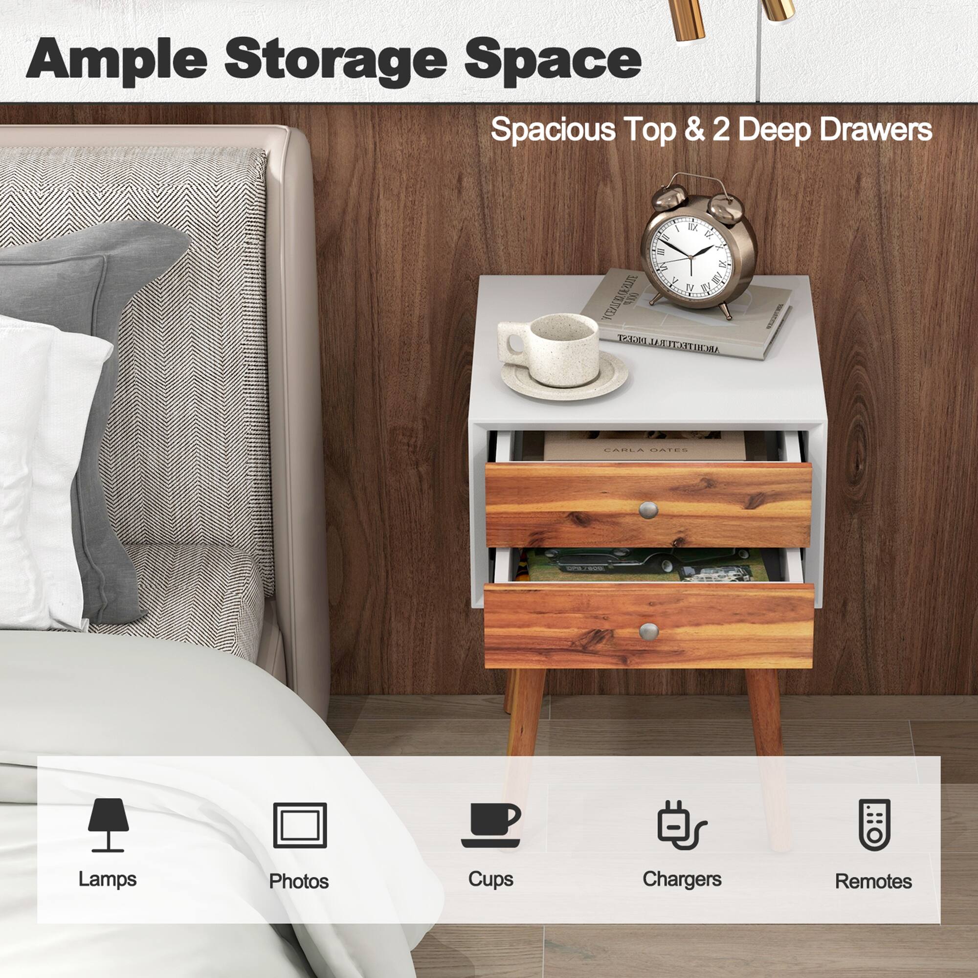 Ample Storage Space: Spacious Top & 2 Deep Drawers

Lamps, Photos, Cups, Chargers, Remotes