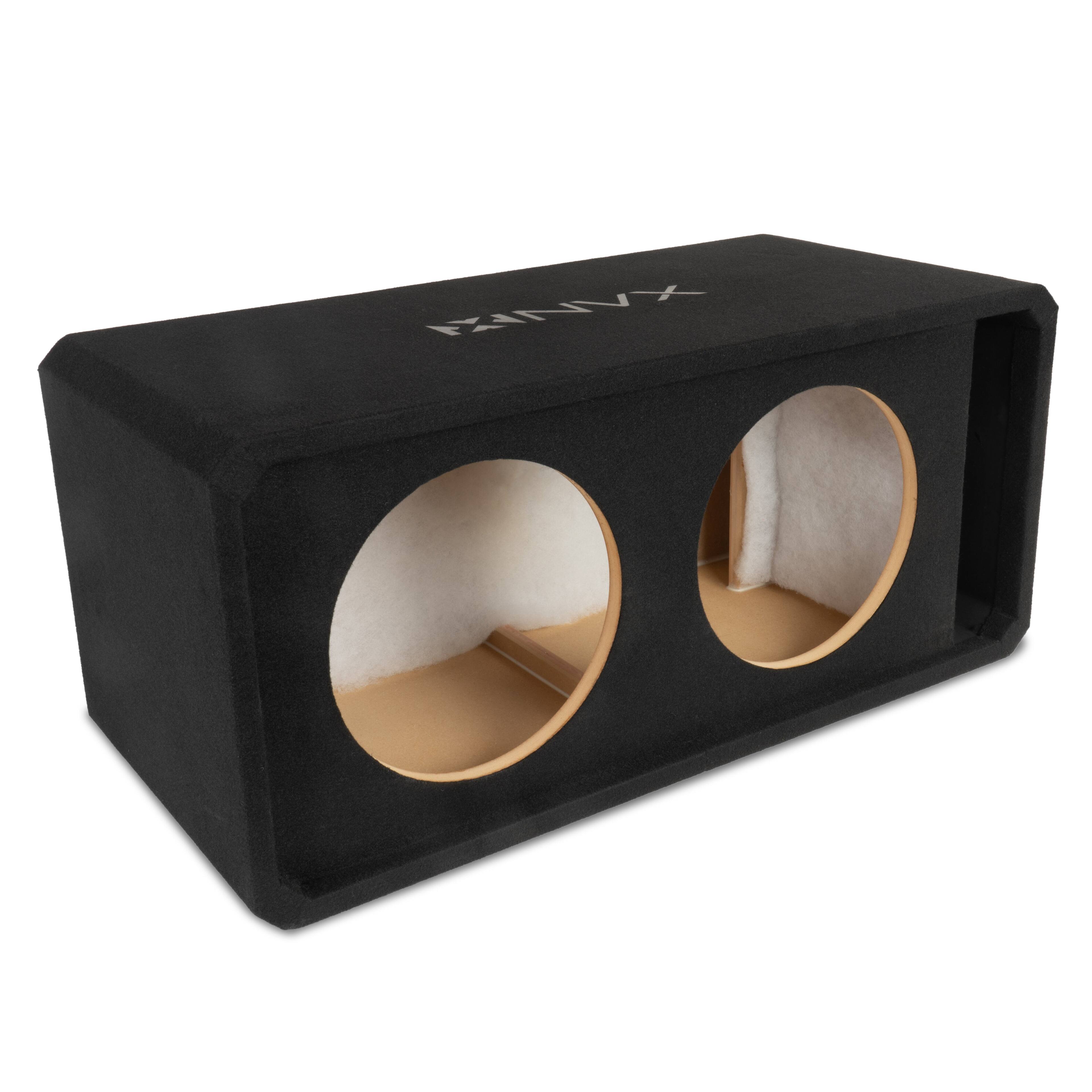 Front. NVX - NE122P Dual 12" Slot Ported 3/4" MDF Subwoofer Enclosure.