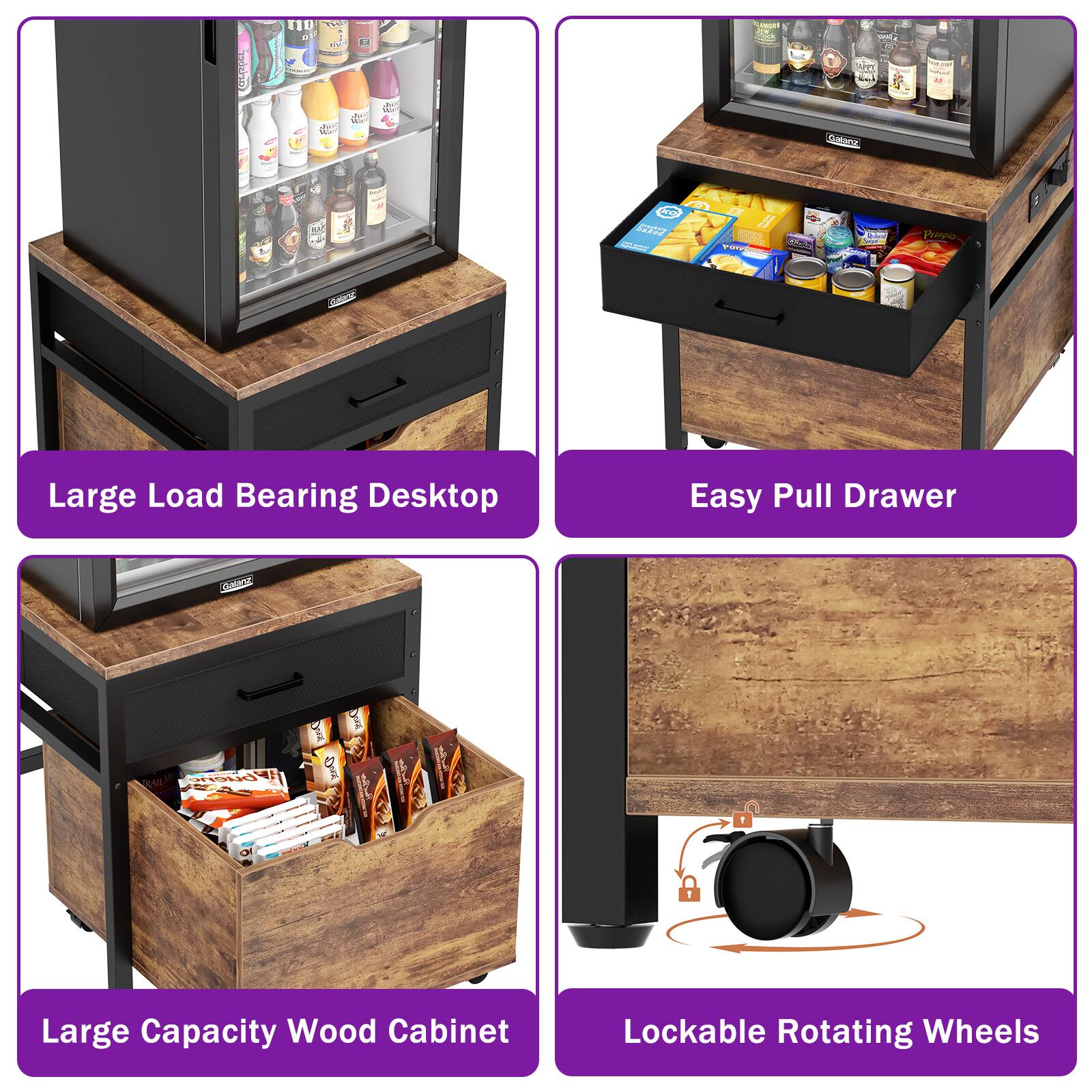 Large Load Bearing Desktop  
Easy Pull Drawer  
Large Capacity Wood Cabinet  
Lockable Rotating Wheels
