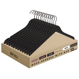 BP4U - 12-Pack Premium Wooden Clothes Hangers, Solid Wood Coat Shirt Top Hangers for Jackets, Shirts, Dresses - Black