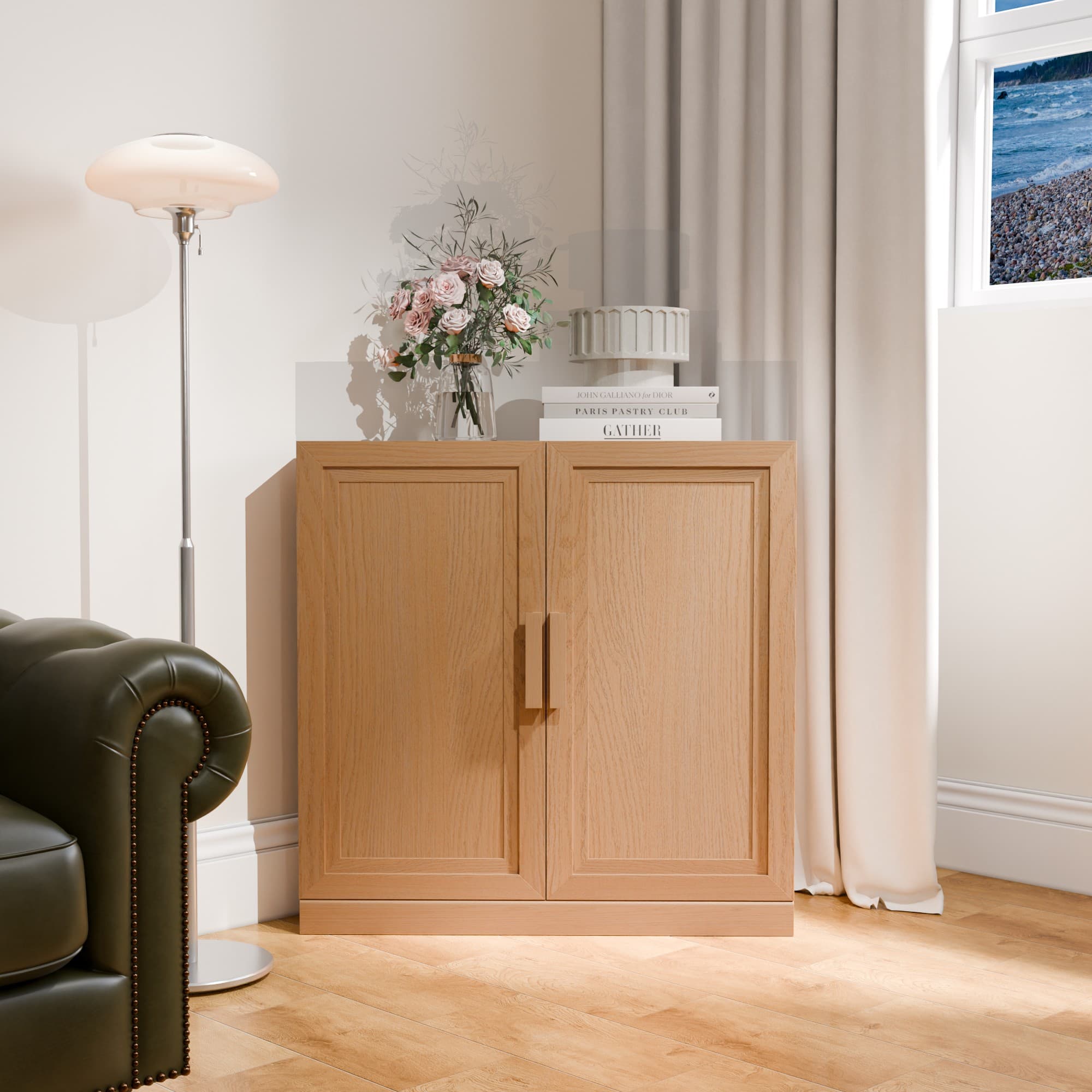 PexFix - 31" Farmhouse Corner Accent Storage Cabinet with Solid Wood Doors and Adjustable Shelves for Space-Saving - Natural