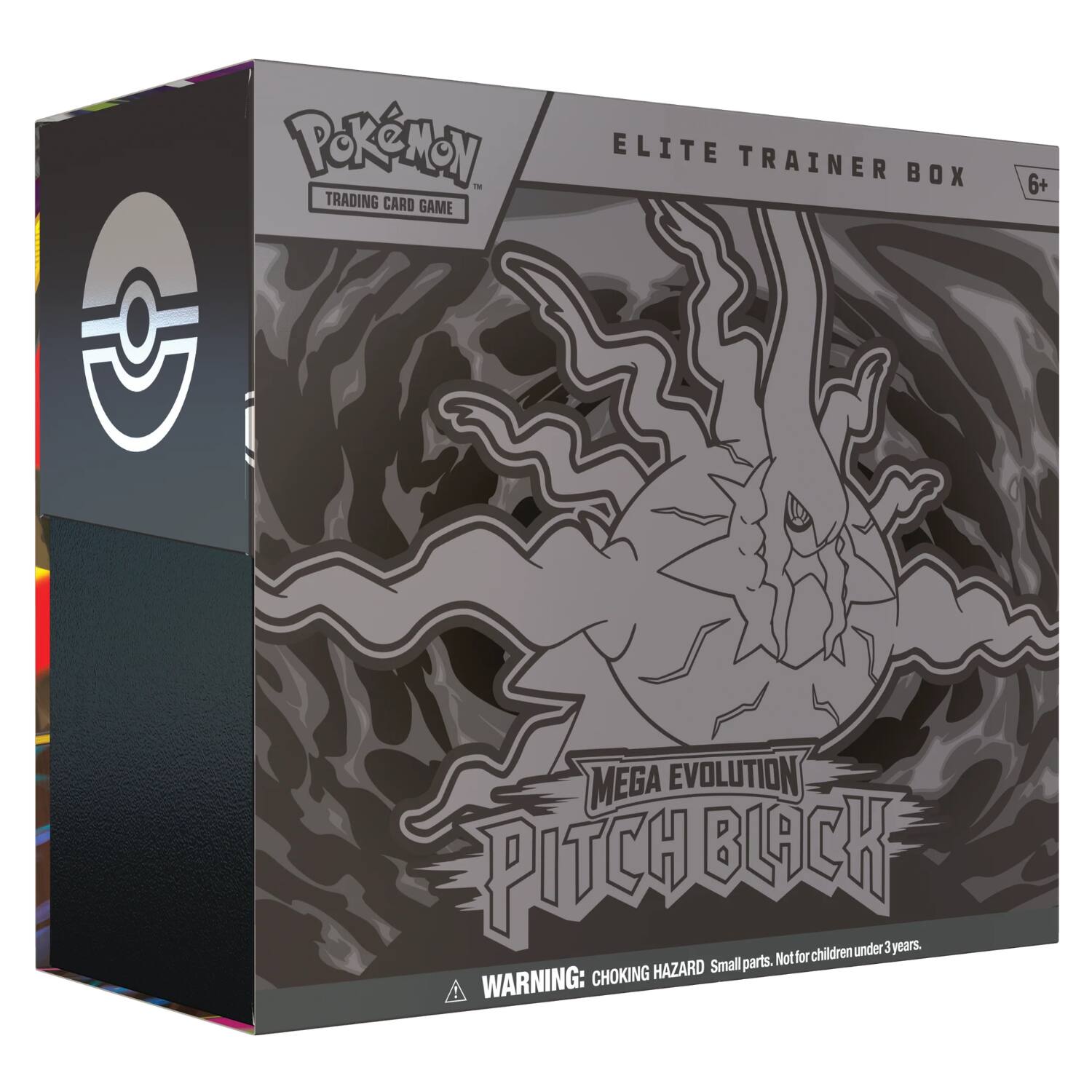 Pokémon Trading Card Game Elite Trainer Box 6+ Mega Evolution Pitch Black for children under 3 years. Small parts. Not choking hazard warning.