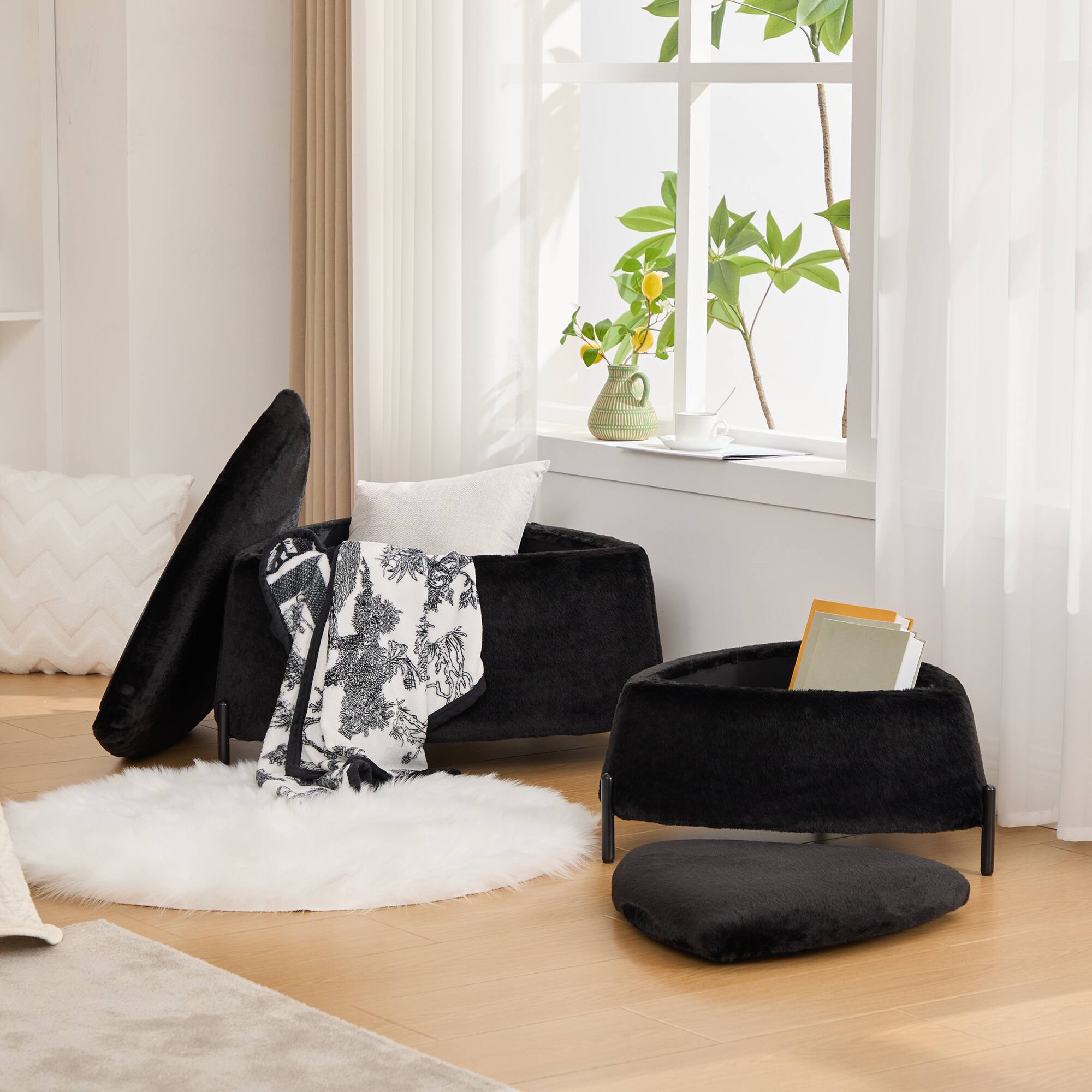 Alt View 7. Boyel Living - Faux Fur Storage Ottoman Set with Reversible Tray Lid and Metal Legs, 2-Piece - Black.