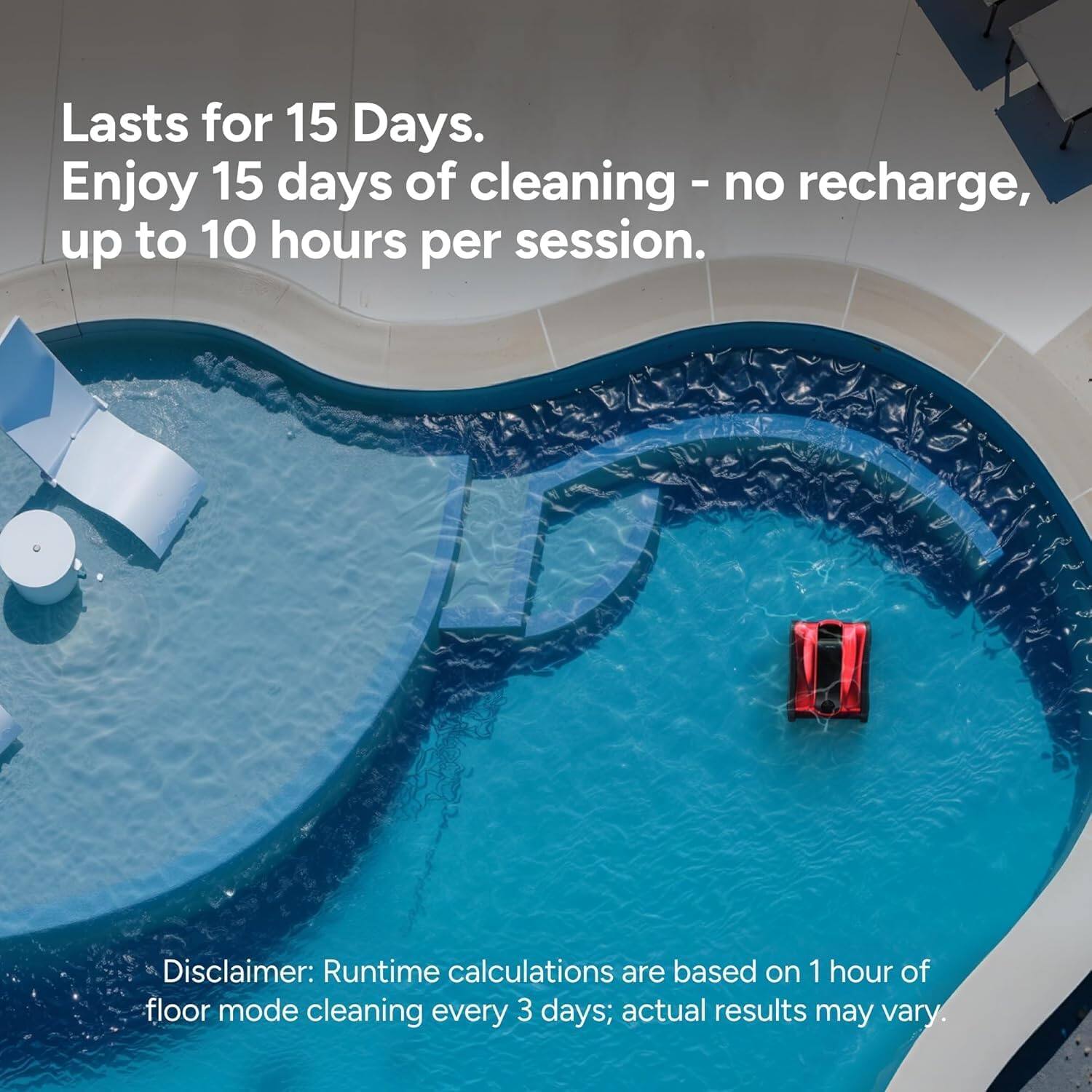 Lasts for 15 Days. Enjoy 15 days of cleaning - no recharge, up to 10 hours per session. Disclaimer: Runtime calculations are based on 1 hour of floor mode cleaning every 3 days; actual results may vary.