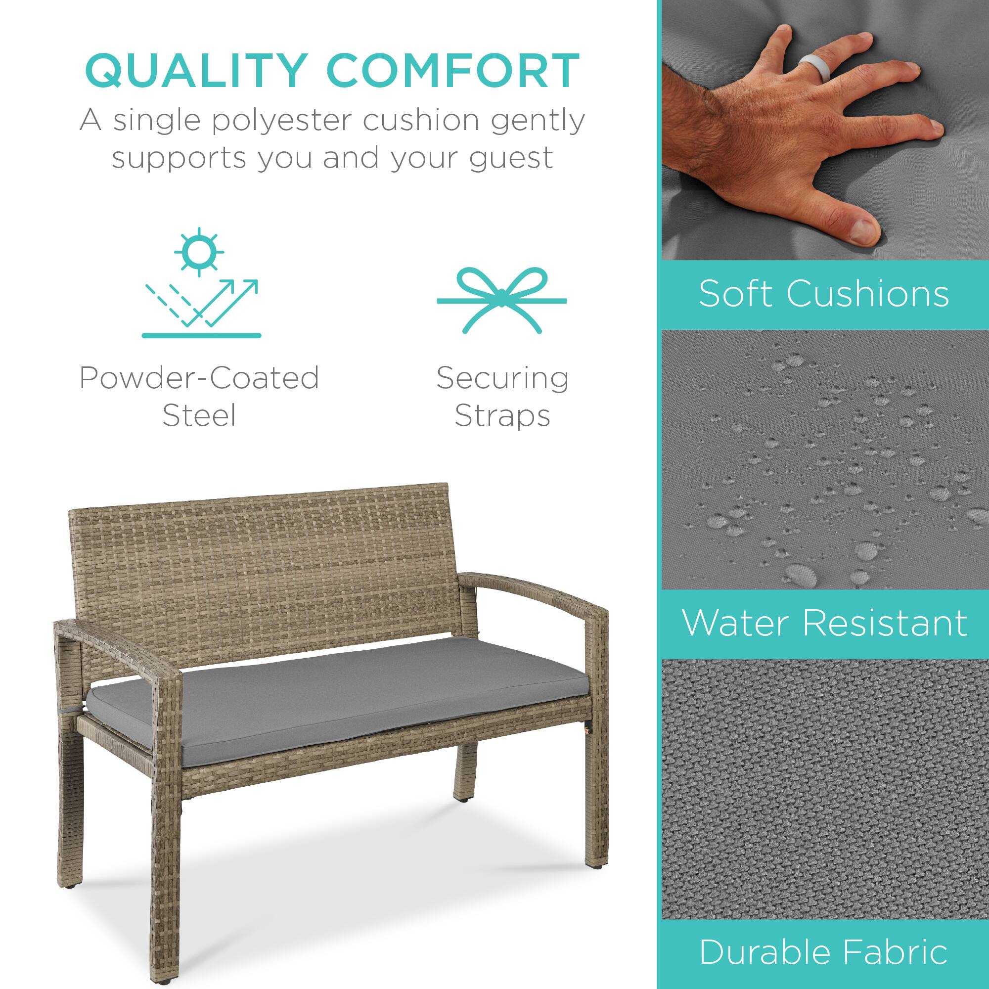 QUALITY COMFORT  
A single polyester cushion gently supports you and your guest  

Powder-Coated Steel  
Securing Straps  

Soft Cushions  
Water Resistant  
Durable Fabric
