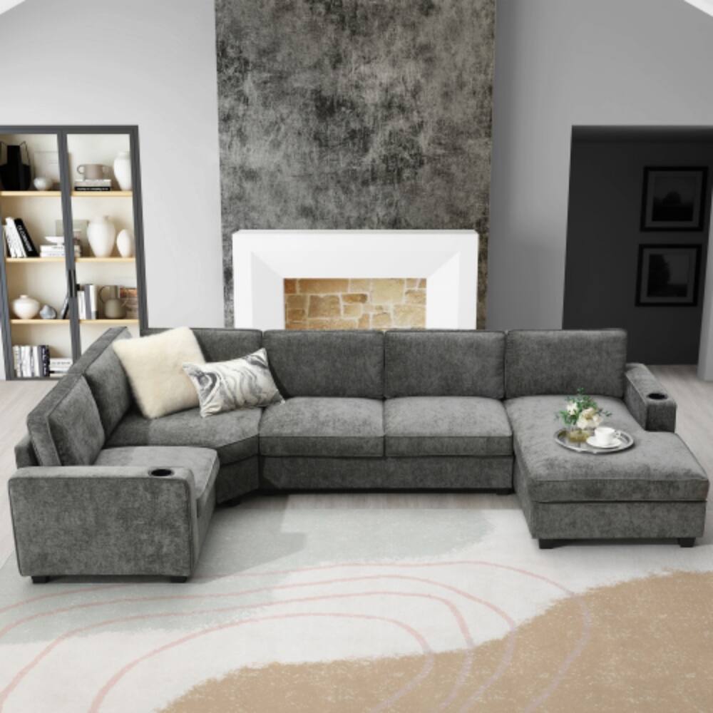 Alt View 1. LUCKY ONE - 117.5" U-Shaped 6-Seat Chenille Sectional Sofa w/ Cup Holders Oversized Chaise Lounge - Gray.