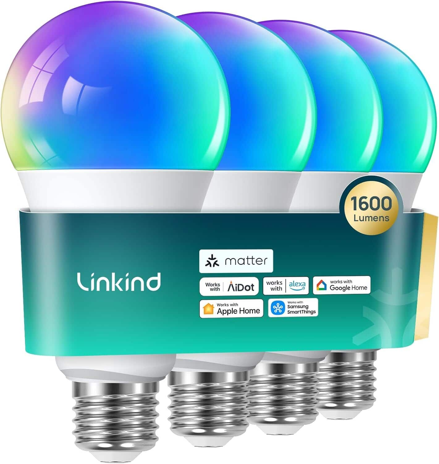 Linkind - A21 1600 Lumens Smart LED Blub, Matter Compatible, Coloring Changing (4-Pack) - Multicolor