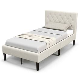 Costway - Upholstered Platform Bed Twin Size Button Tufted Headboard Wooden Slats Support - Beige
