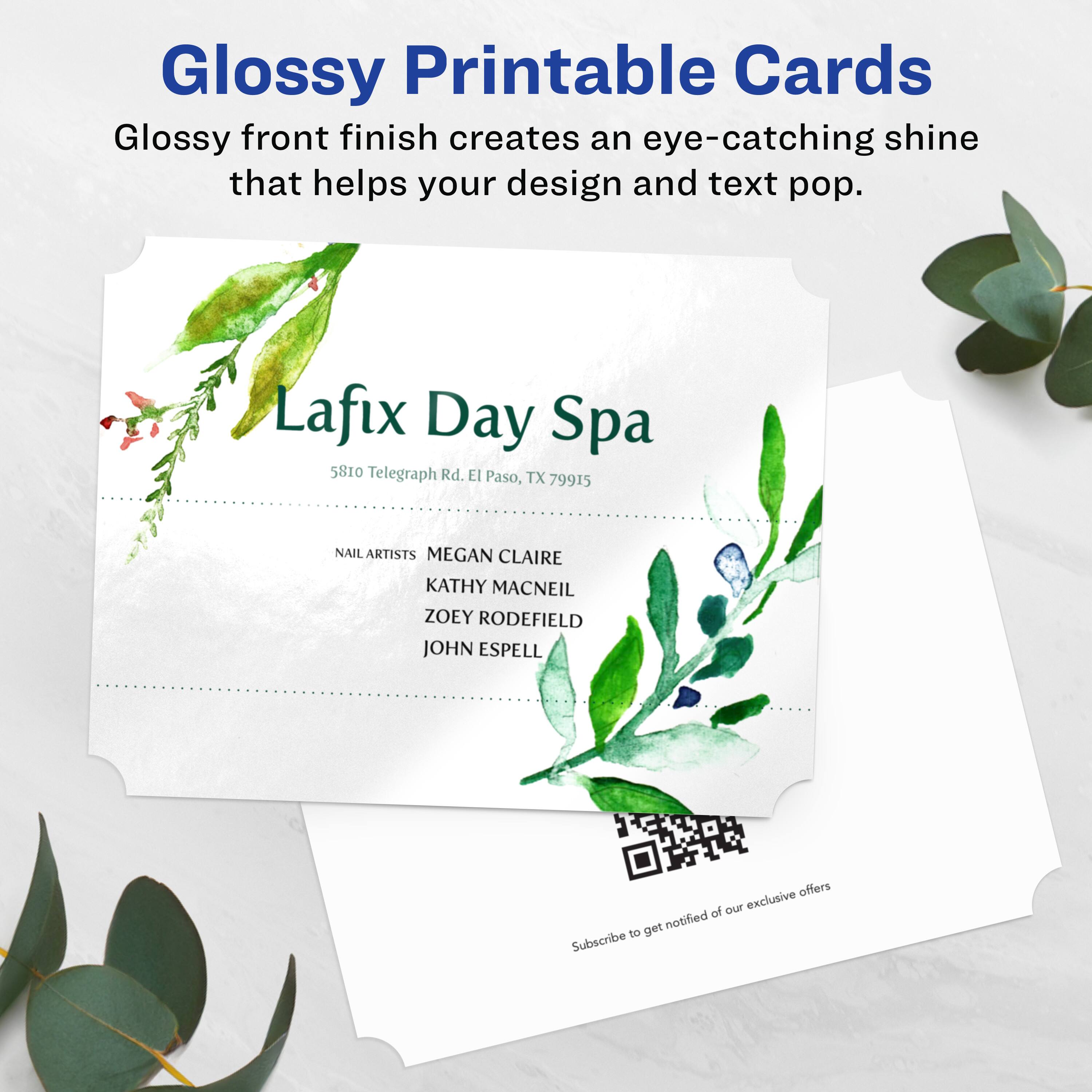 Glossy Printable Cards  
Glossy front finish creates an eye-catching shine that helps your design and text pop.

Lafix Day Spa  
5810 Telegraph Rd., El Paso, TX 79915

NAIL ARTISTS  
MEGAN CLAIRE  
KATHY MACNEIL  
ZOEY RODEFIELD  
JOHN ESPELL

Subscribe to get notified of our exclusive offers