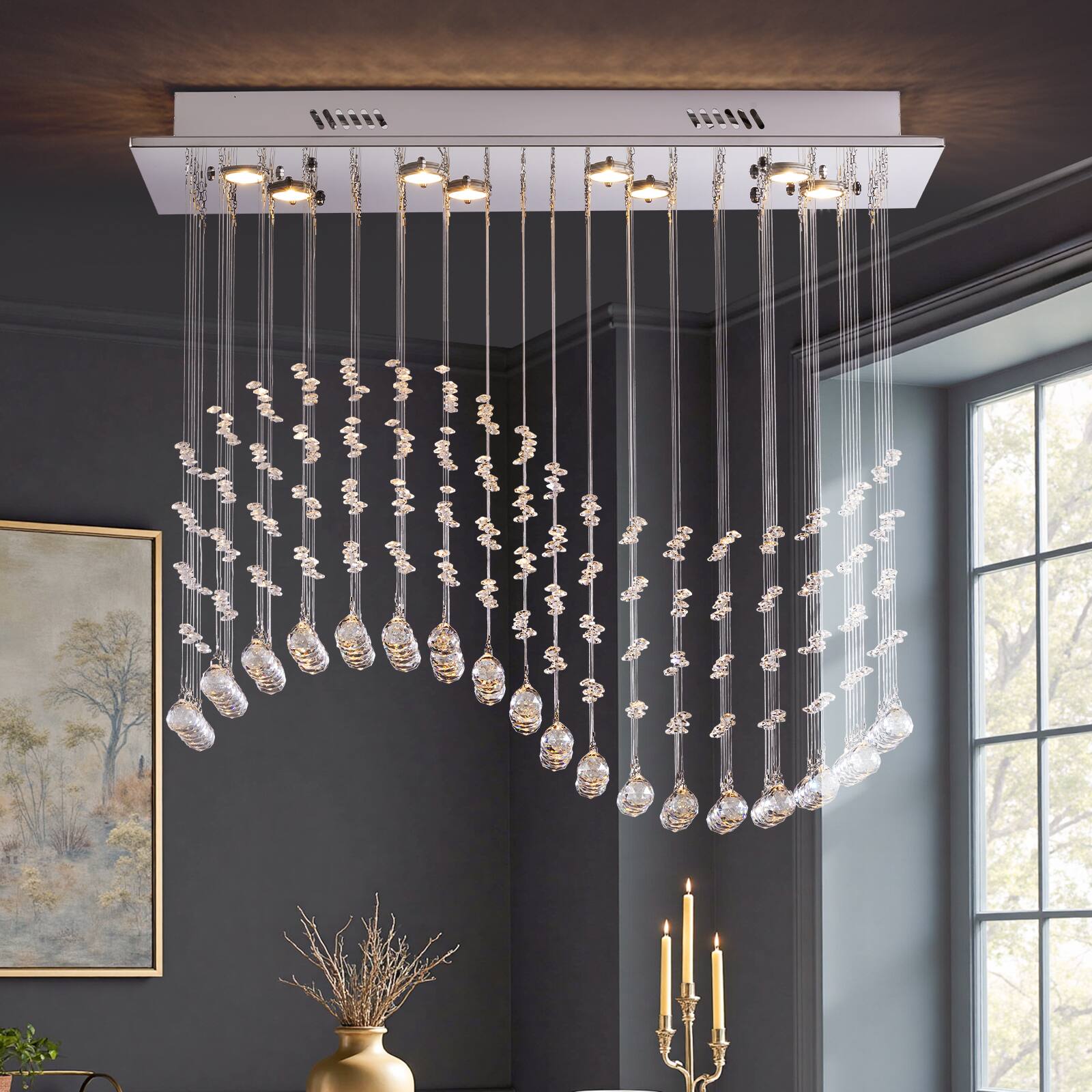 Front. Siljoy - 8-Lights Modern Rectangular Wave Raindrop Pendent Flush Mount Crystal Chandelier for Dining Room L31.5xW11.8xH27.6 - Gold.