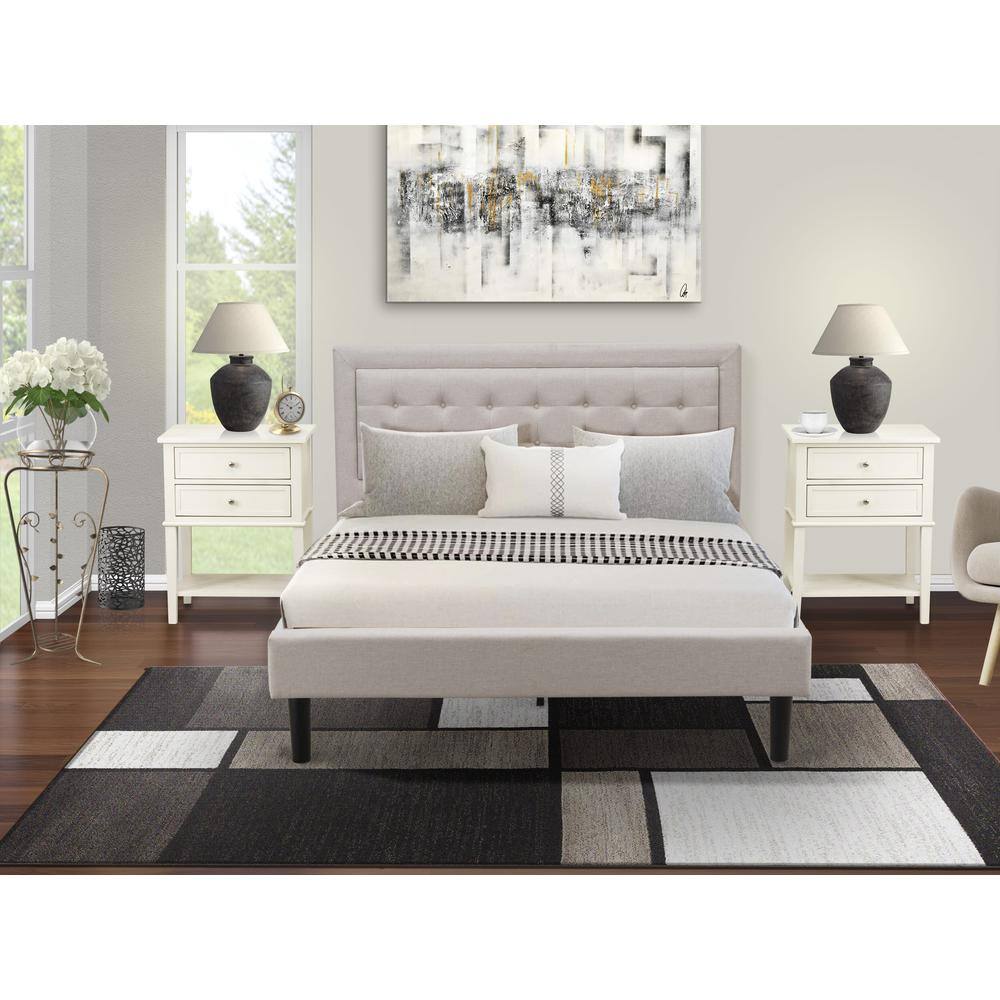 Alt View 4. East West Furniture - FN08Q-2VL0C 3-Piece Platform Bedroom Set with 1 Queen Size Bed Frame and 2 Small End Tables - Mist Beige Linen Fabric - Mist Beige.